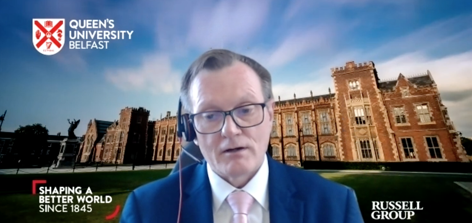 DISCUSSIONS STARTED WITH POLITICAL LEADERS ON NORTH-SOUTH EDUCATION LINKS: QUB Vice-Chancellor Ian Greer addressing the virtual Homecoming from his Queen\'s office