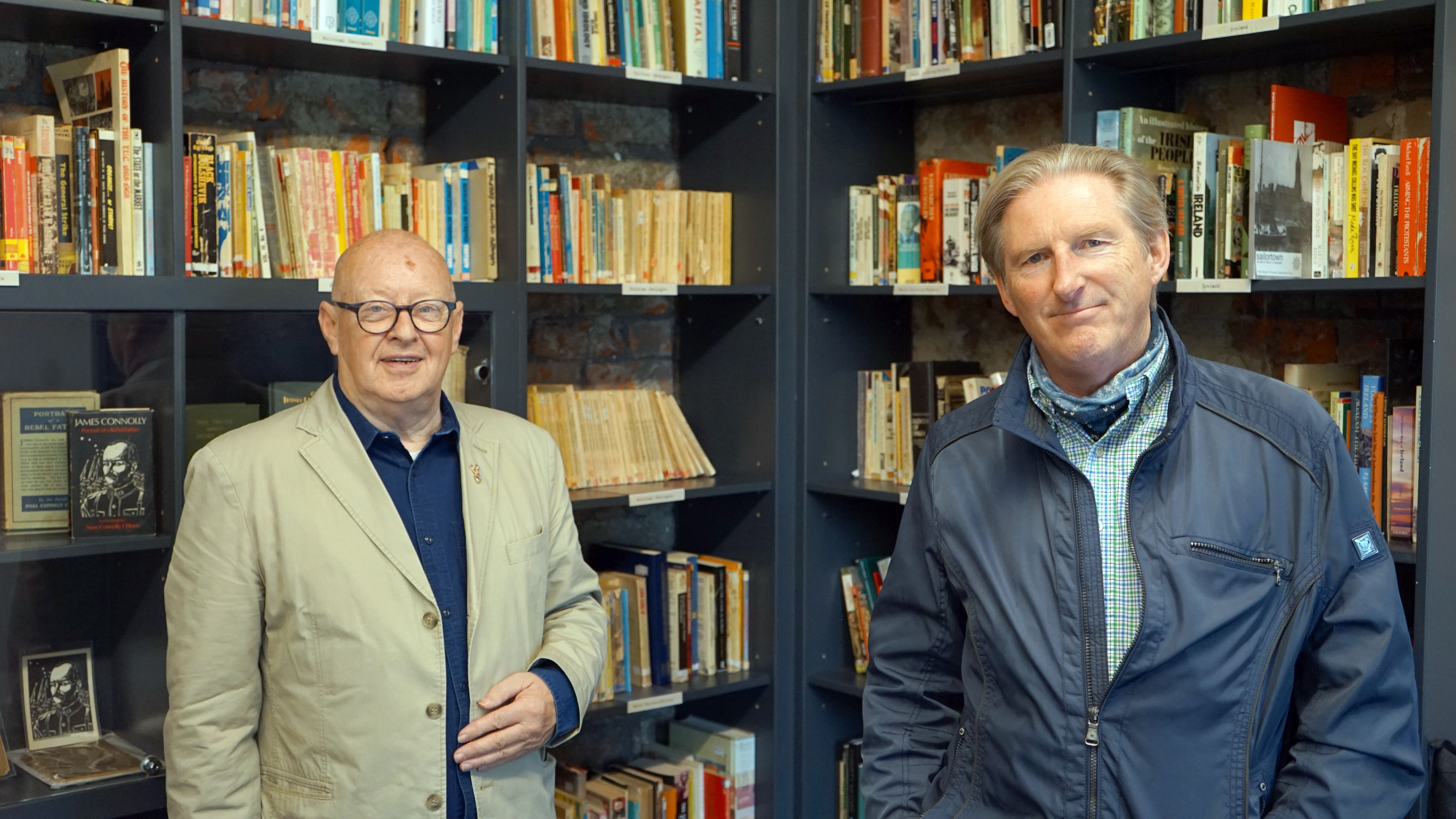 FANCY MEETING YOU HERE: Joe Austin with Adrian Dunbar in the Connolly Library in Áras Uí Chonghaile