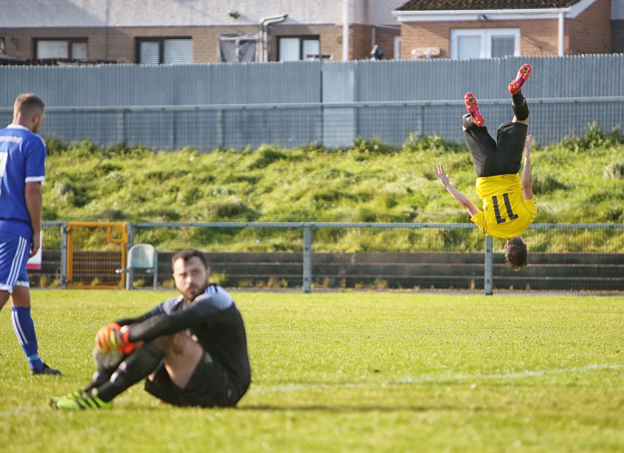 Fra Nolan celebrates after completing his hat-trick as St James\' Swifts defeated Brantwood 3-1 at Suffolk Road on Saturday 