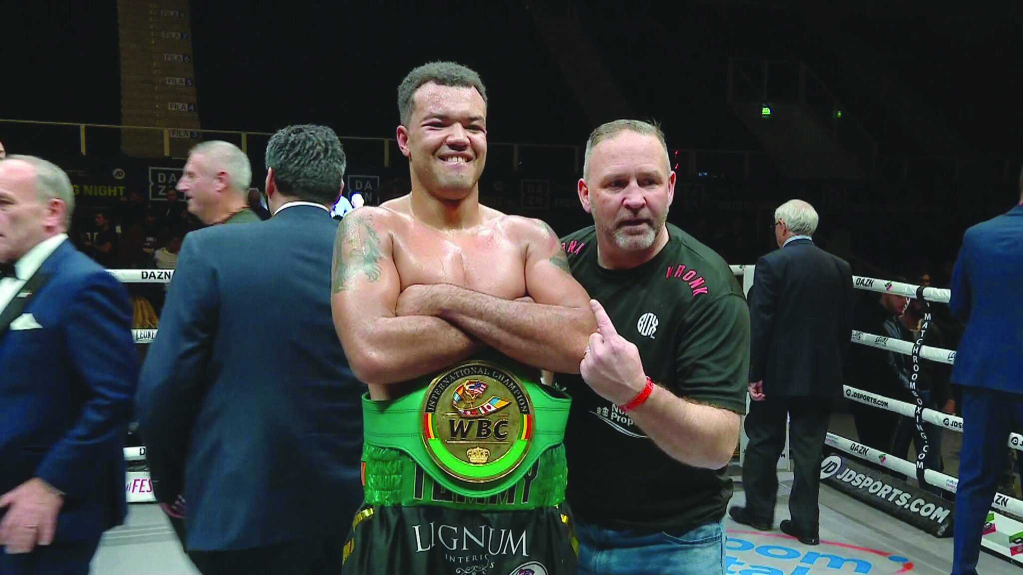 Tommy McCarthy with manager Mark Dunlop after his win over Fabio Turchi for the WBC International title in Italy last year