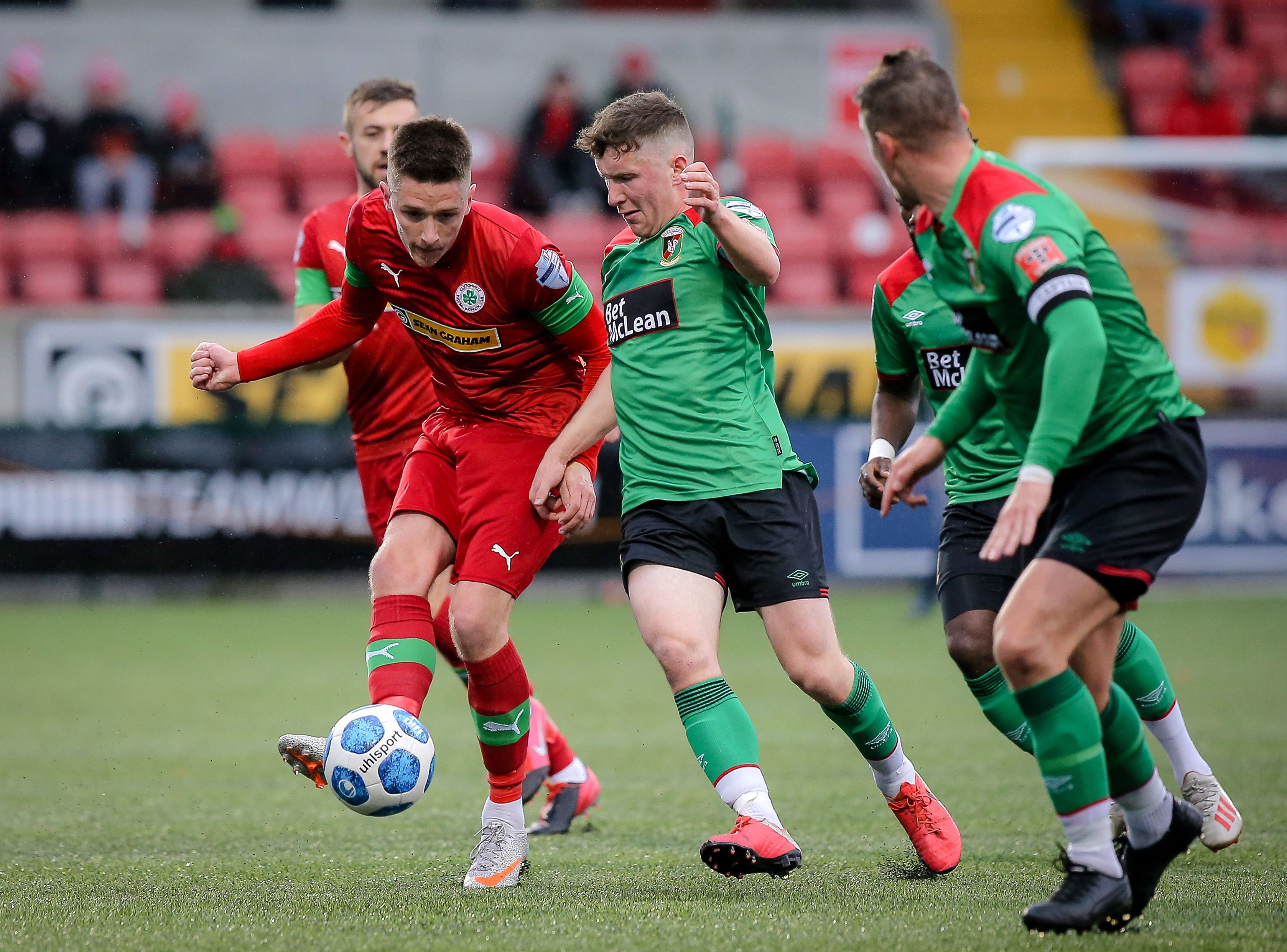 Ryan Curran, pictured in action against Glentoran last month, is one of a handful of injury concerns for Cliftonville manager Paddy McLaughlin ahead of tonight\'s Co Antrim Shield clash with the Glens at Solitude 