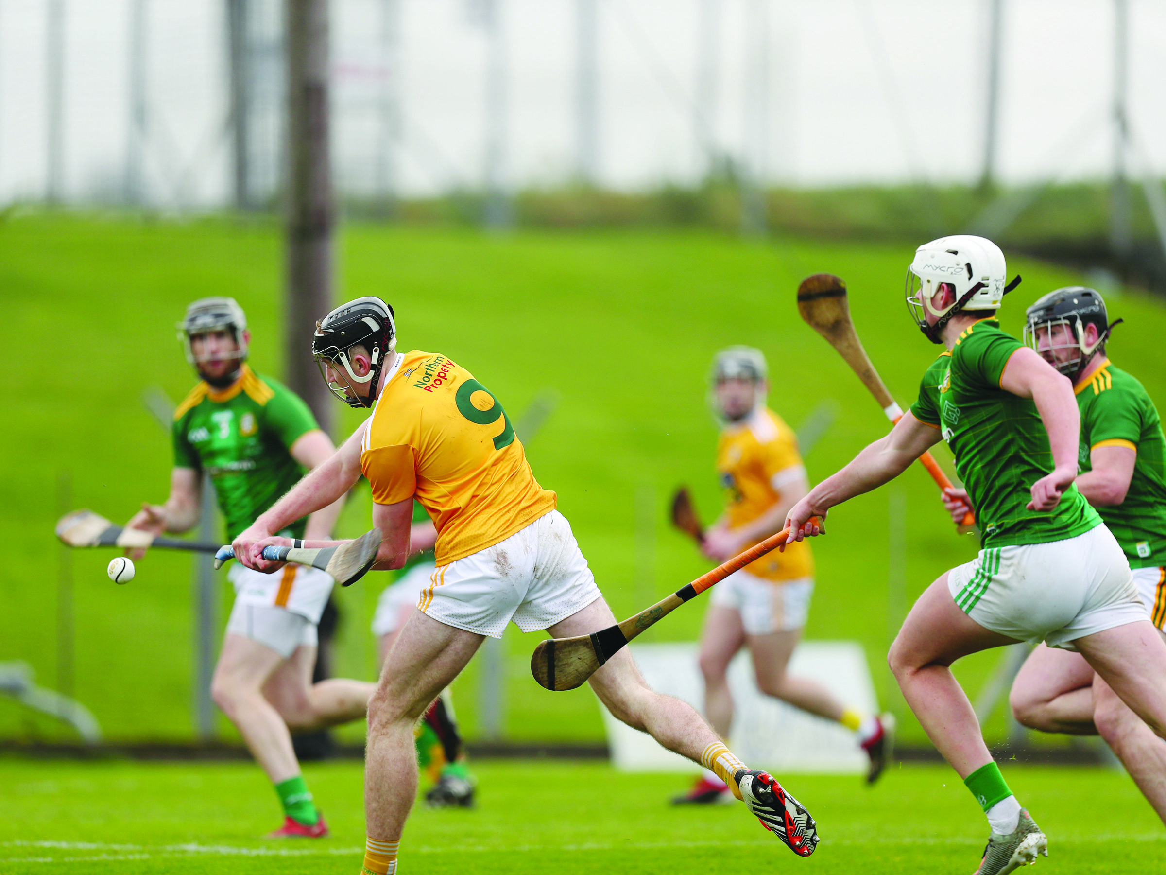 Antrim’s Aodhán O’Brien has a shot at goal during last Saturday’s Joe McDonagh Cup win over Meath at Páirc Tailteann. The victory for Darren Gleeson’s side sets up a showdown with Kerry at Croke Park on All-Ireland final day next Sunday