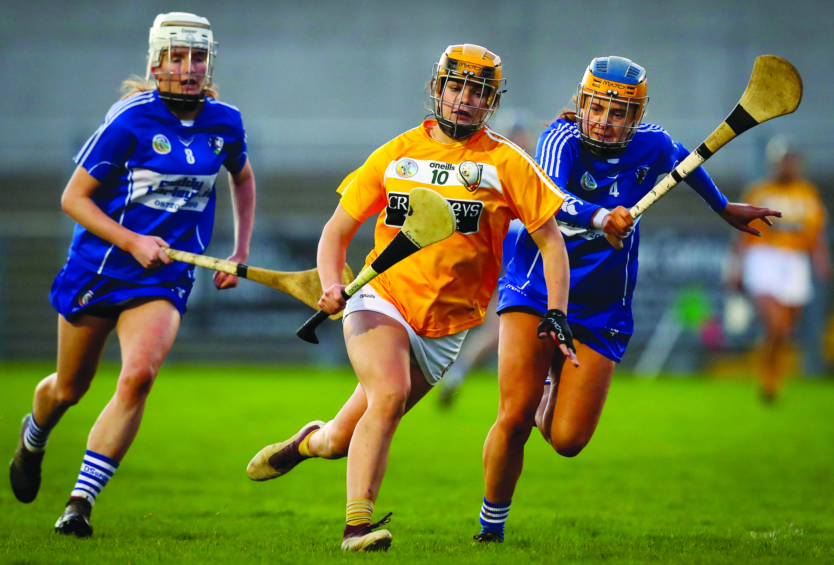 Antrim’s Maeve Kelly breaks free from Laura Finlay during the semi-final win over Laois. The Saffrons bid for All-Ireland glory on Saturday when they take on Down at Kingspan Breffni Park 