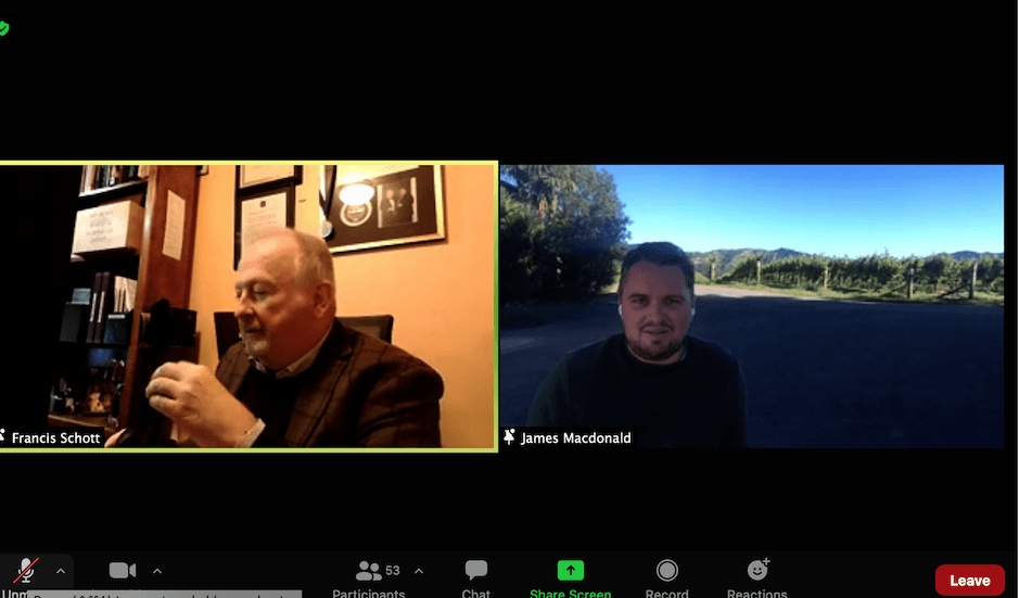 INTERCONTINENTAL MISSION: Restaurateur Francis Schott (l) in New Brunswick, New Jersey chats via Zoom with winemaker James MacDonald in Marlborough, New Zealand at the fundraiser for QUB stuedents