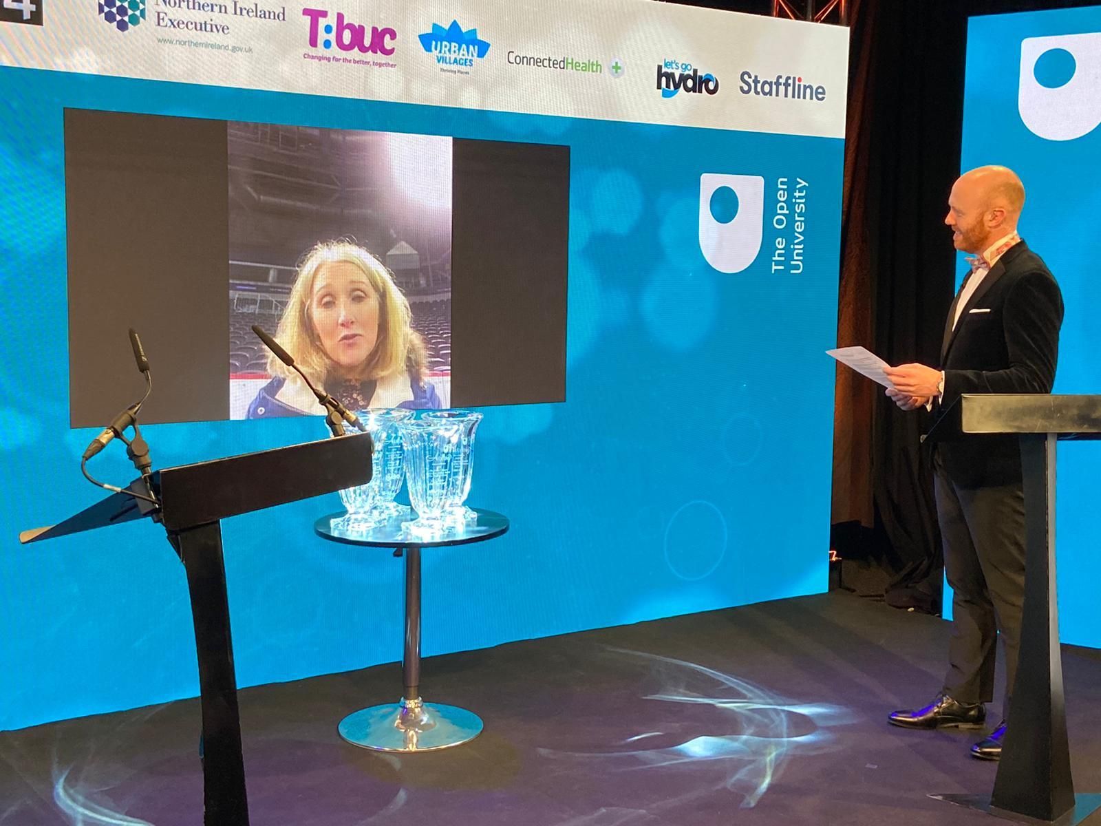 COMMUNITY CHAMPION: Sinéad McKinley of North Belfast Advice Partnership is interviewed live by presenter Barra Best at the virtual Aisling Awards 2020 on Thursday past. 