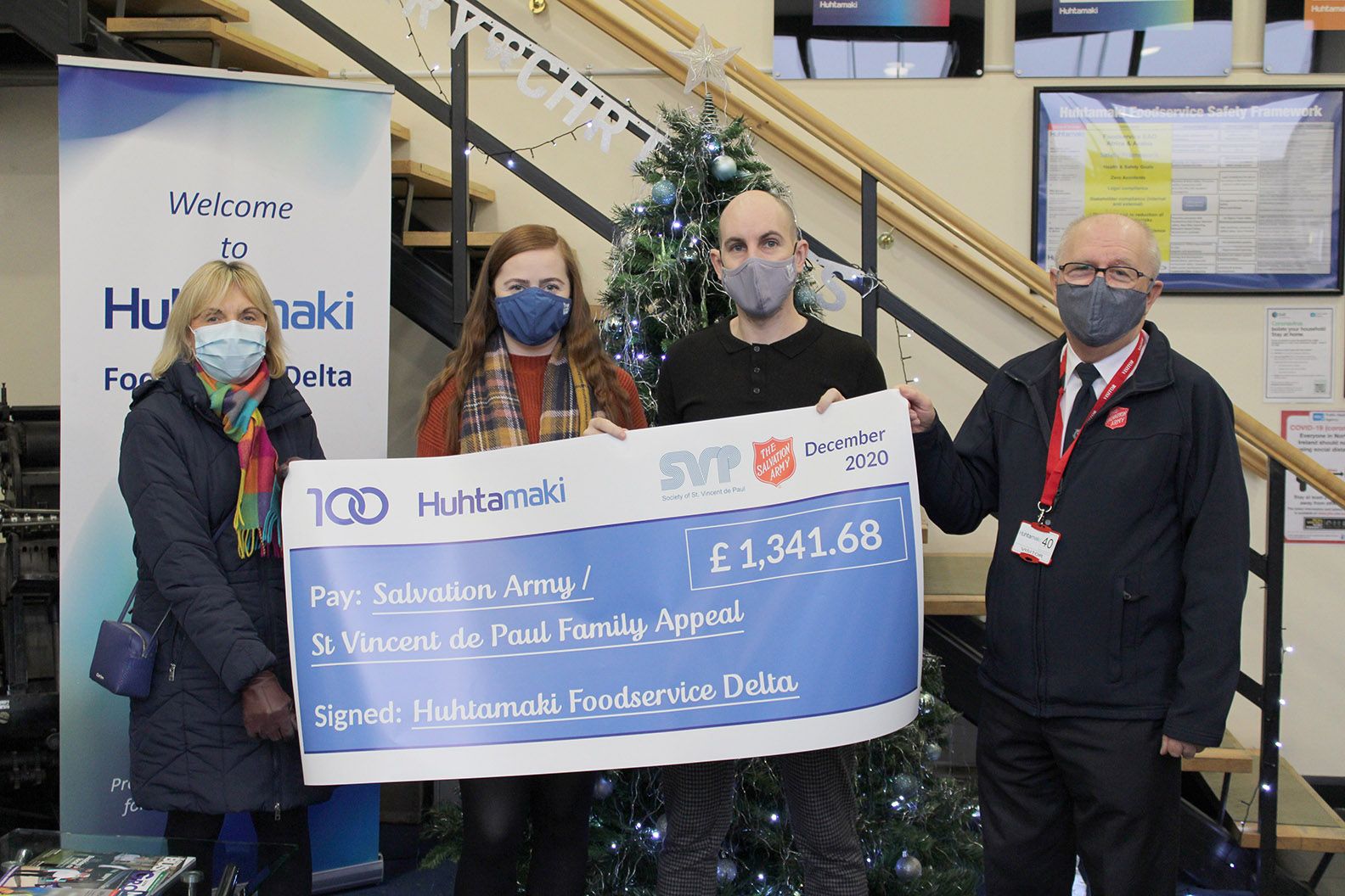 Pauline Brown, Regional Manager, SVdP, Niamh Flannery and Chris McMahon, Huhtamaki, and Major Paul Wright of the Salvation Army