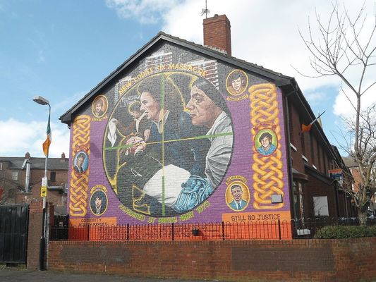 JUSTICE: A mural in memory of the six men shot dead in the New Lodge in February 1973