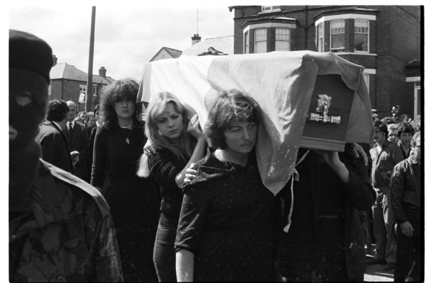 FINAL JOURNEY: Kieran Doherty\'s sisters Mairéad and Siobhán and sister-in-law Betty Doherty carrying his coffin along the Glen Road