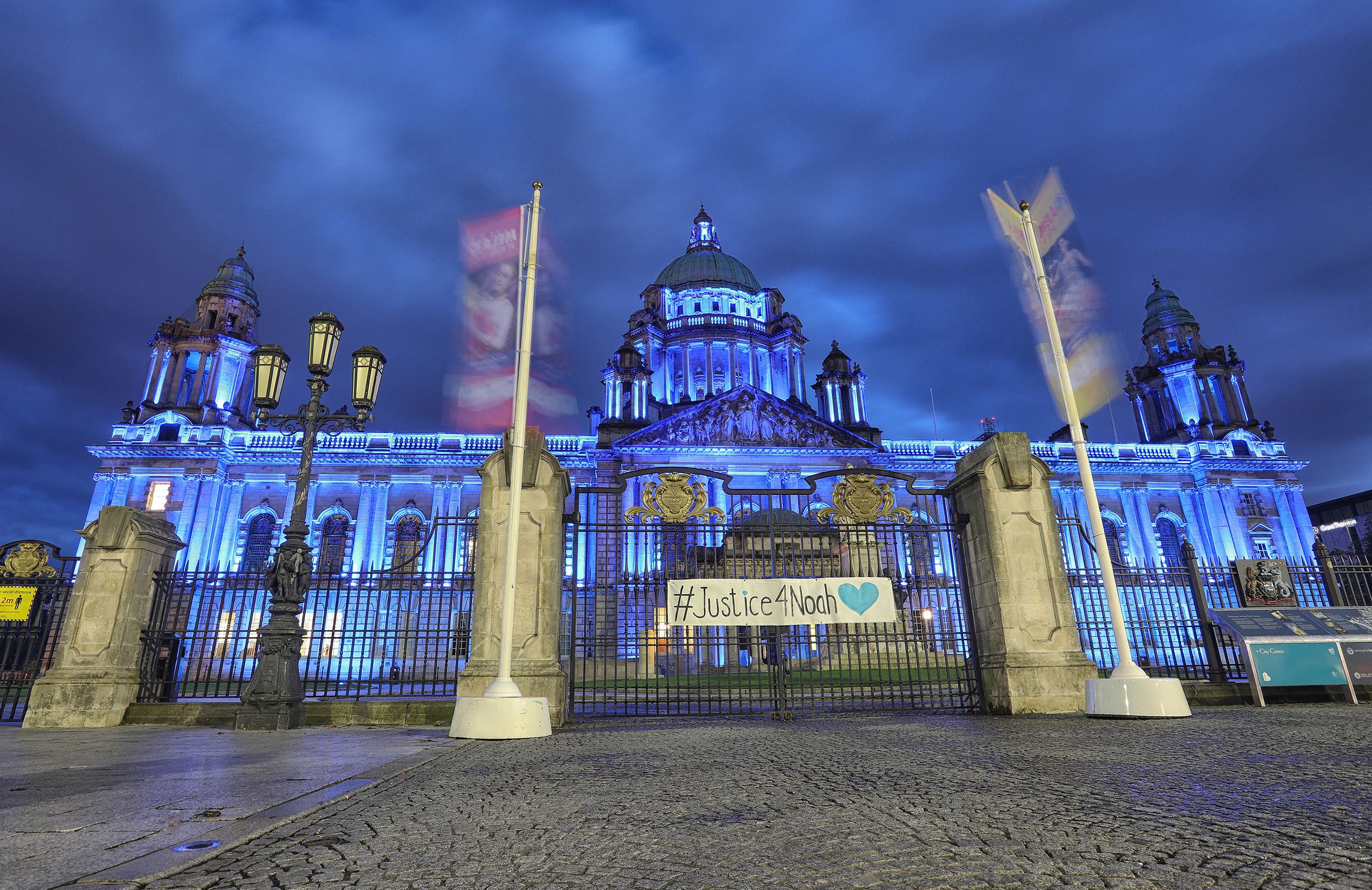 SUPPORT: City Hall is lit up in blue for Noah Donohoe