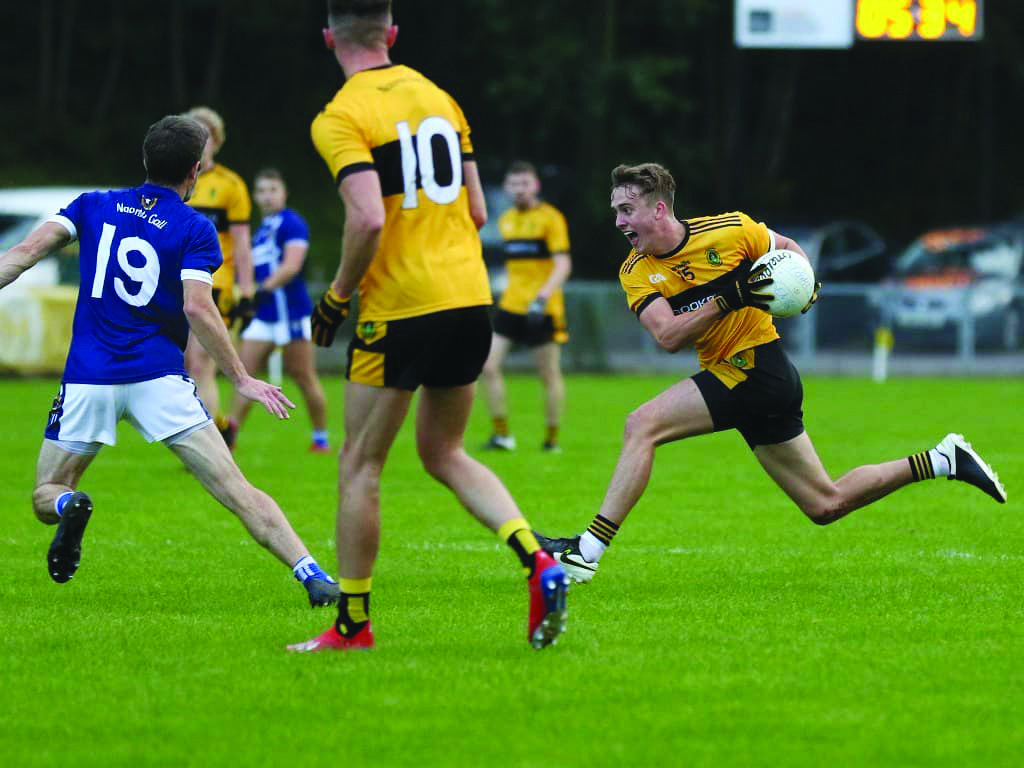 Naomh Éanna’s Eoin Nagle tries to find his way past St Gall’s defender Sean Kelly during Wednesday night’s game at Hightown Road 