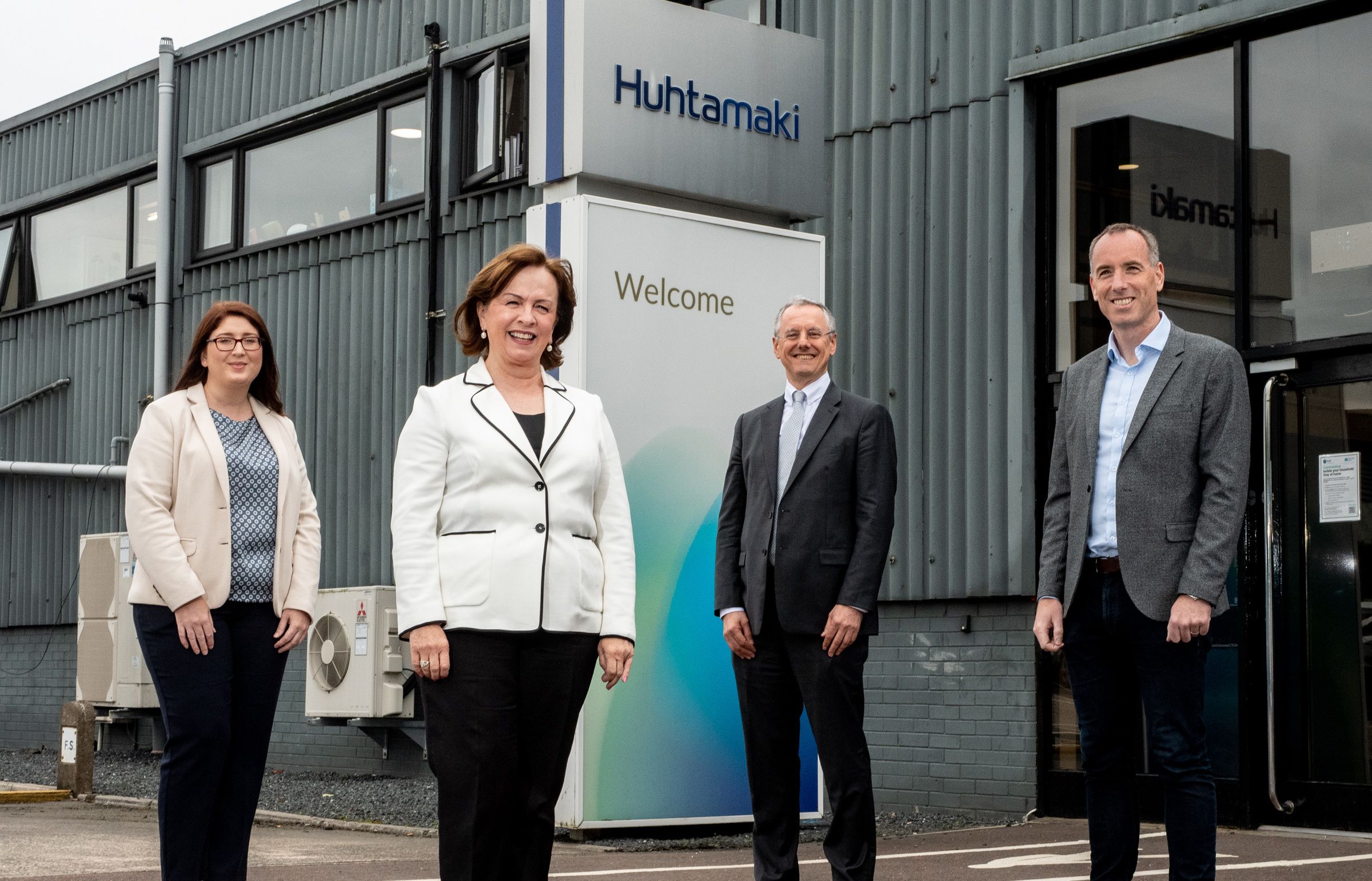 BOOST FOR LOCAL BUSINESS: Patricia Lavery, Site Director, Huhtamaki Belfast and Antrim, Minister for the Economy Diane Dodds, Kevin Holland, CEO of Invest NI and Ciaran Doherty, Huhtamaki UK General Manager.