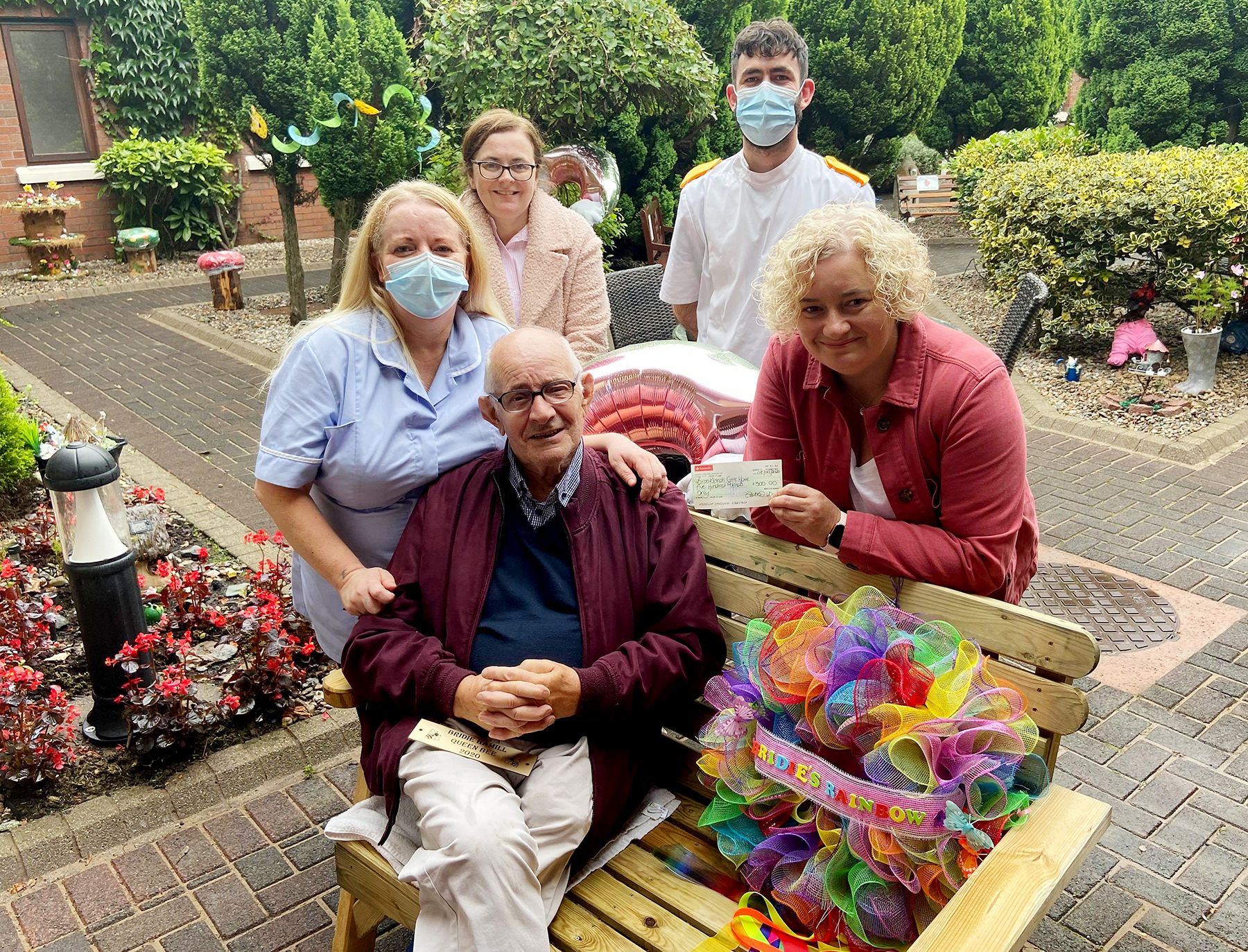 GENEROSITY: Senior Charge Nurse John Cassidy with Patricia Brown, Hugh Hamill,  Eadaoin Hamill, Gemma and Olivia Letman at Brooklands care home for the handover of the handsome donation