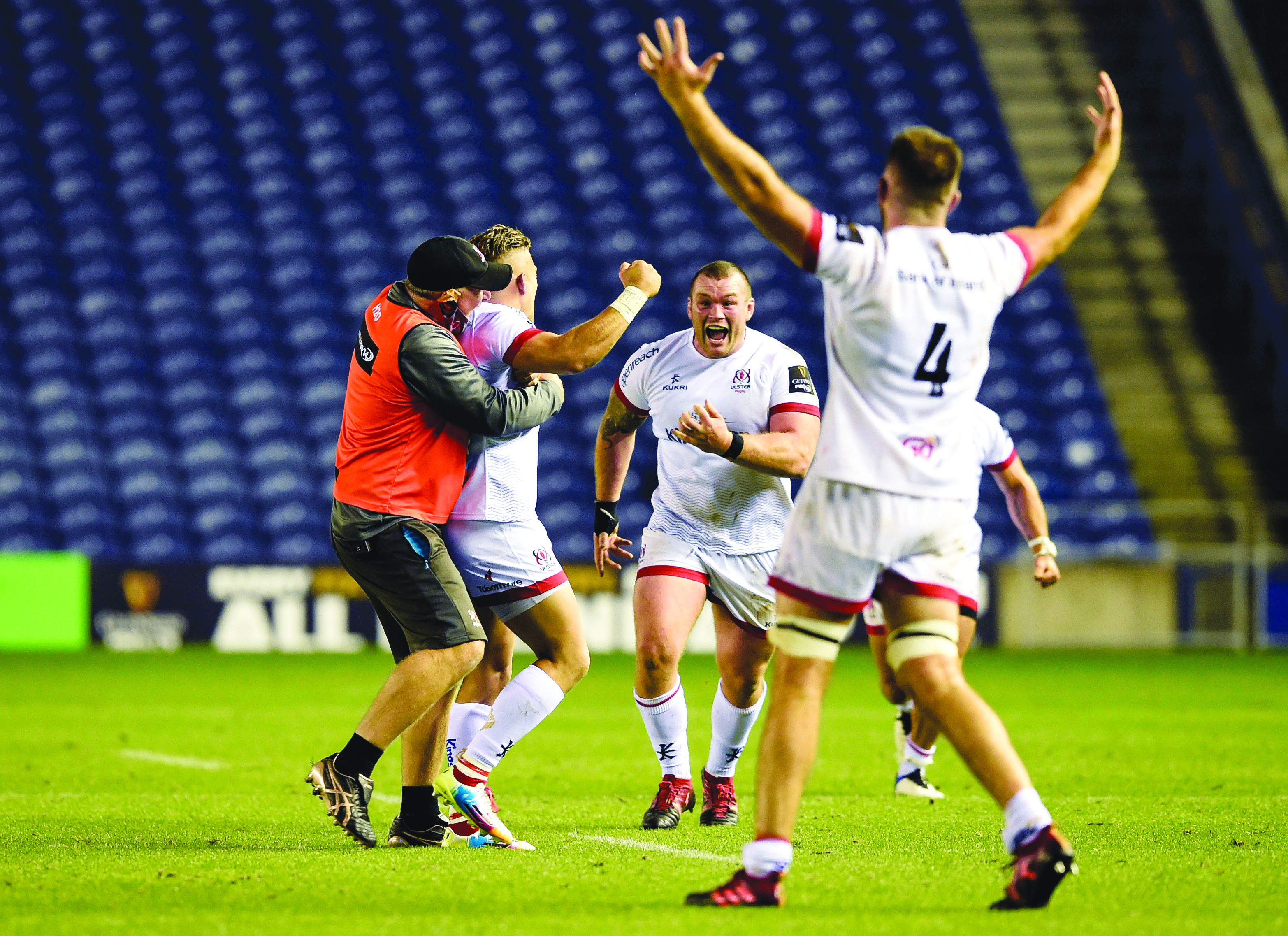 Alan O\'Connor and Jack McGrath celebrate with Ian Madigan after he converted the final kick of the game to win last week’s semi-final in Edinburgh