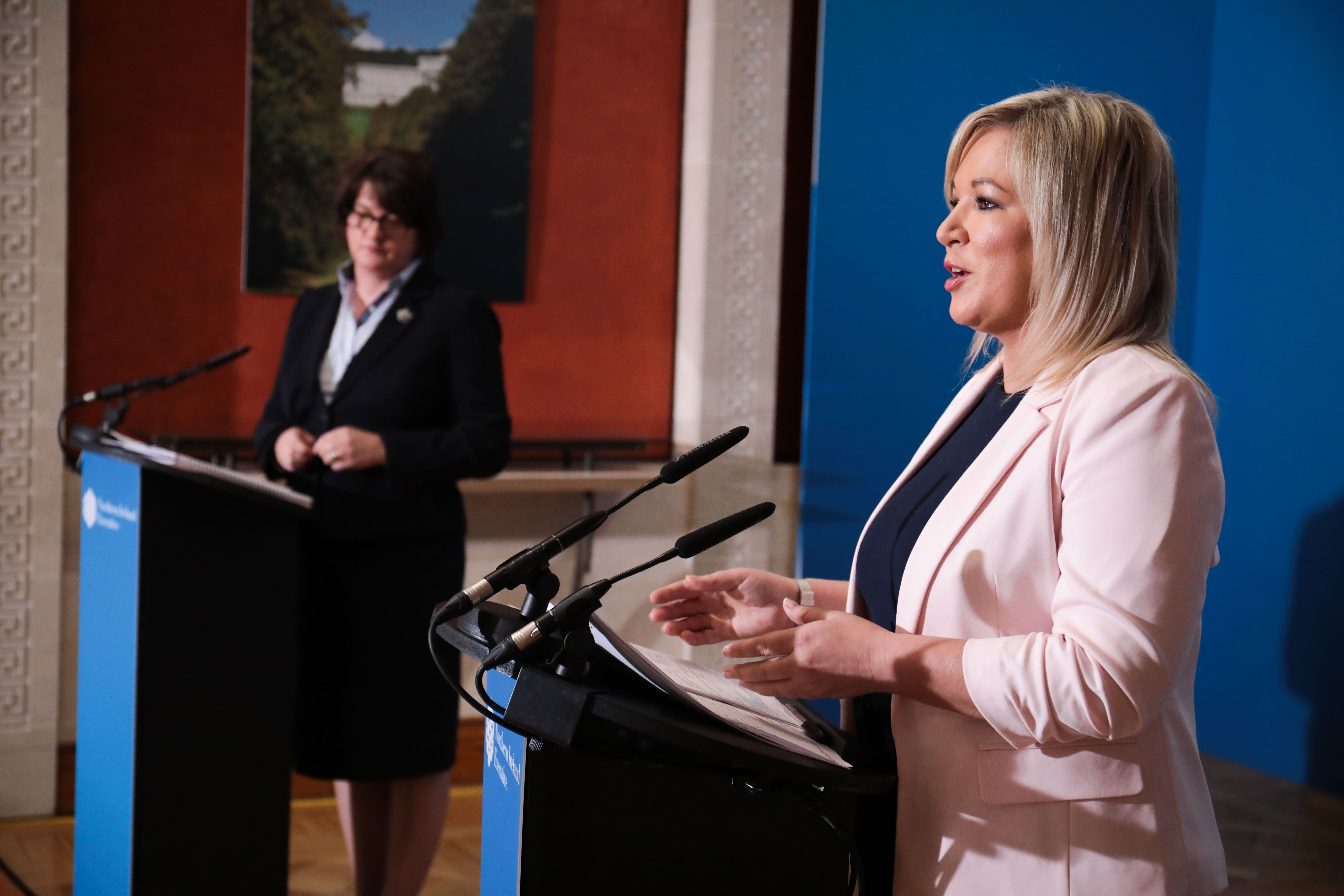 UNITED: First Minister Arlene Foster and Deputy First Minister Michelle O’Neill at the press conference in Parliament Buildings, Stormont 