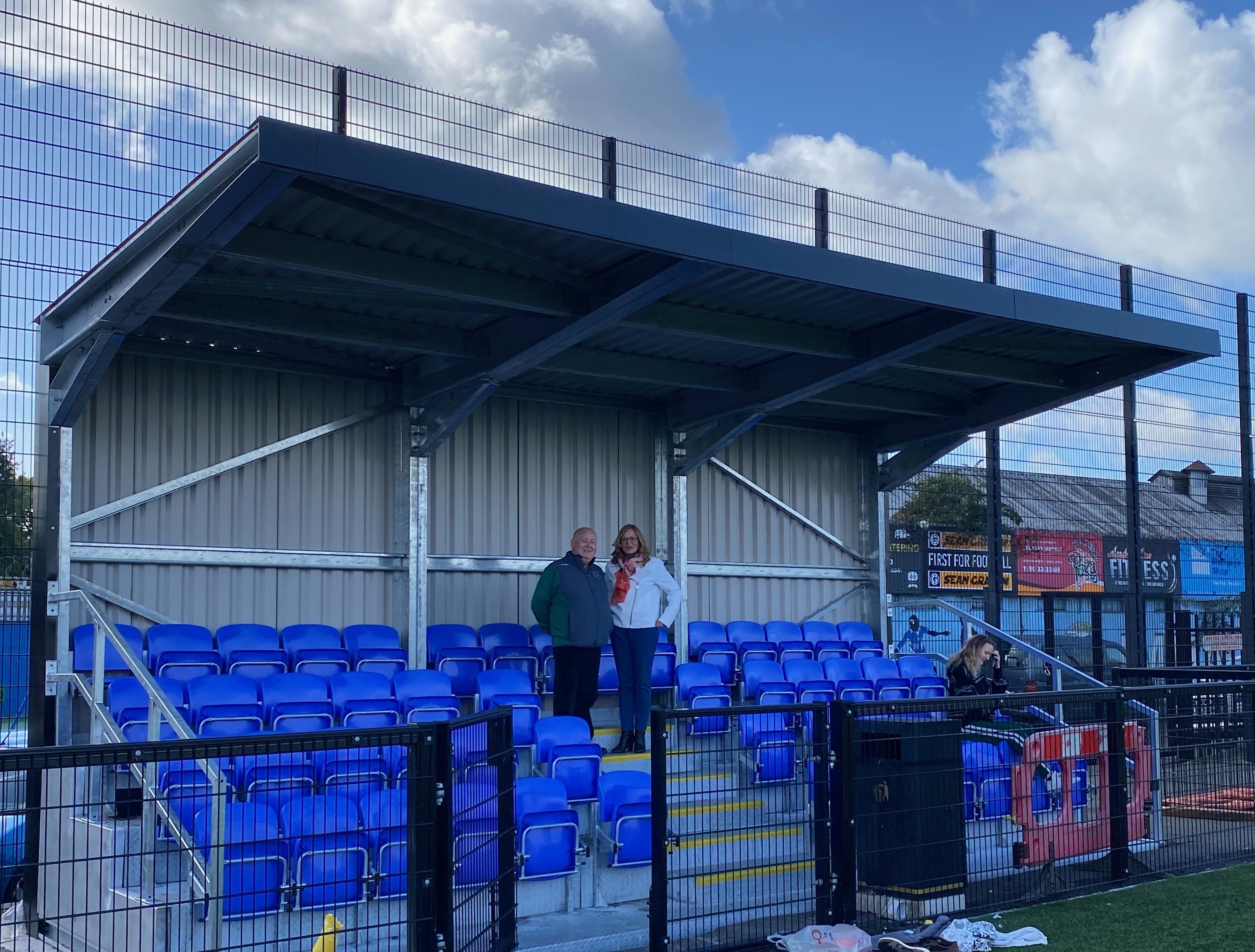 IN GOOD COMPANY: Fra McCann MLA and Councillor Tina Black check out the new spectator stand at Grosvenor Community Centre