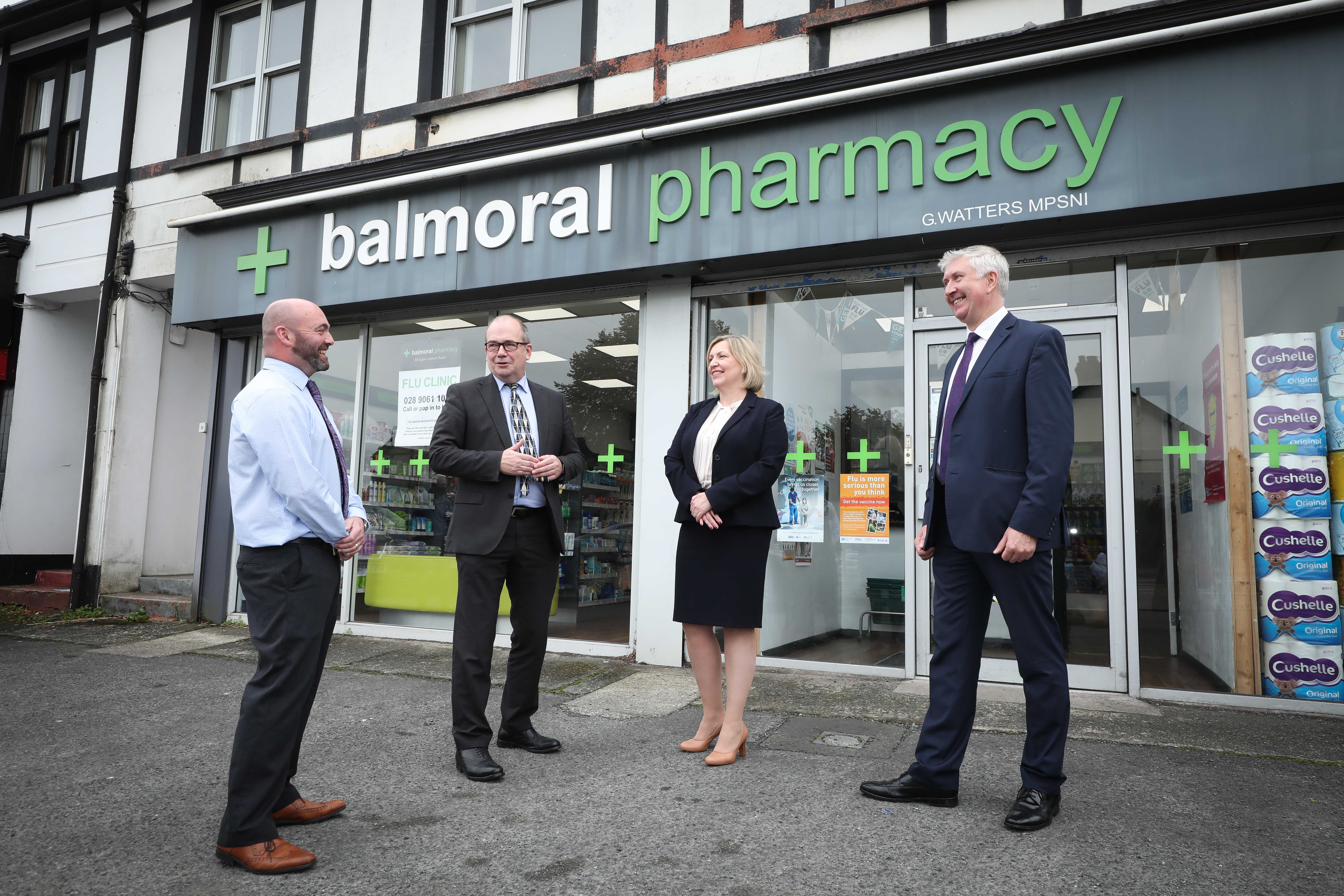 SERVICE: Pharmacist Gerry Watters from Balmoral Pharmacy, Professor Sir Michael McBride, Mrs Cathy Harrison and Gerard Greene, Chief Executive Community Pharmacy NI 