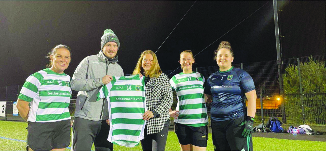 Christina Sloan from Belfast Media Group presented the Senior Ladies Manager Sean Harkin with new jerseys. Also pictured are players Sarah Savage, Lauren Tohill and Caoimhe Clearly