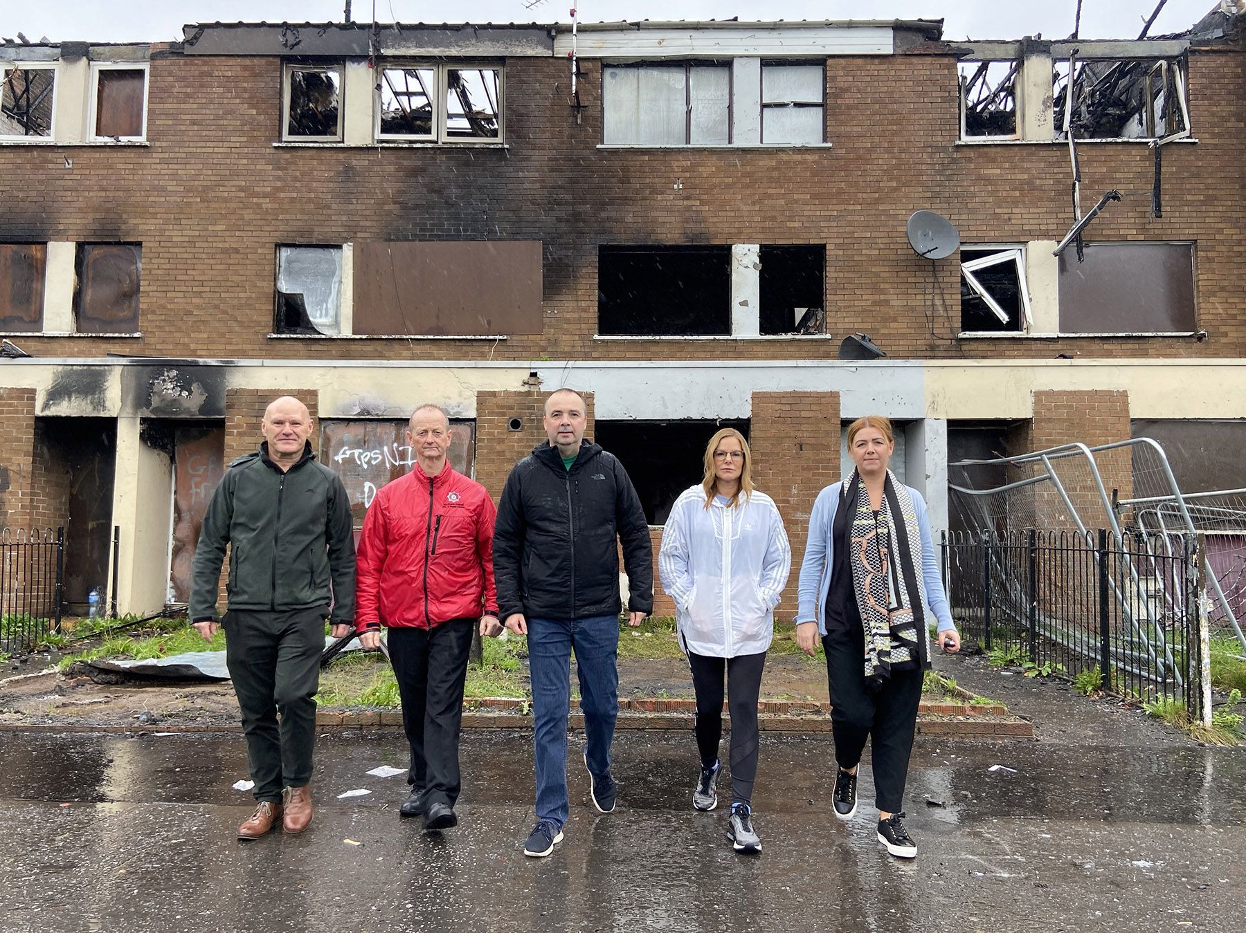 TAKING A STAND: Paul Maskey MP with Davy Harbinson from the Fire Service, Vincent McElkerney, Falls Residents\' Association, Cllr Tina Black, and Community Safety Officer, Lisa Lynn 