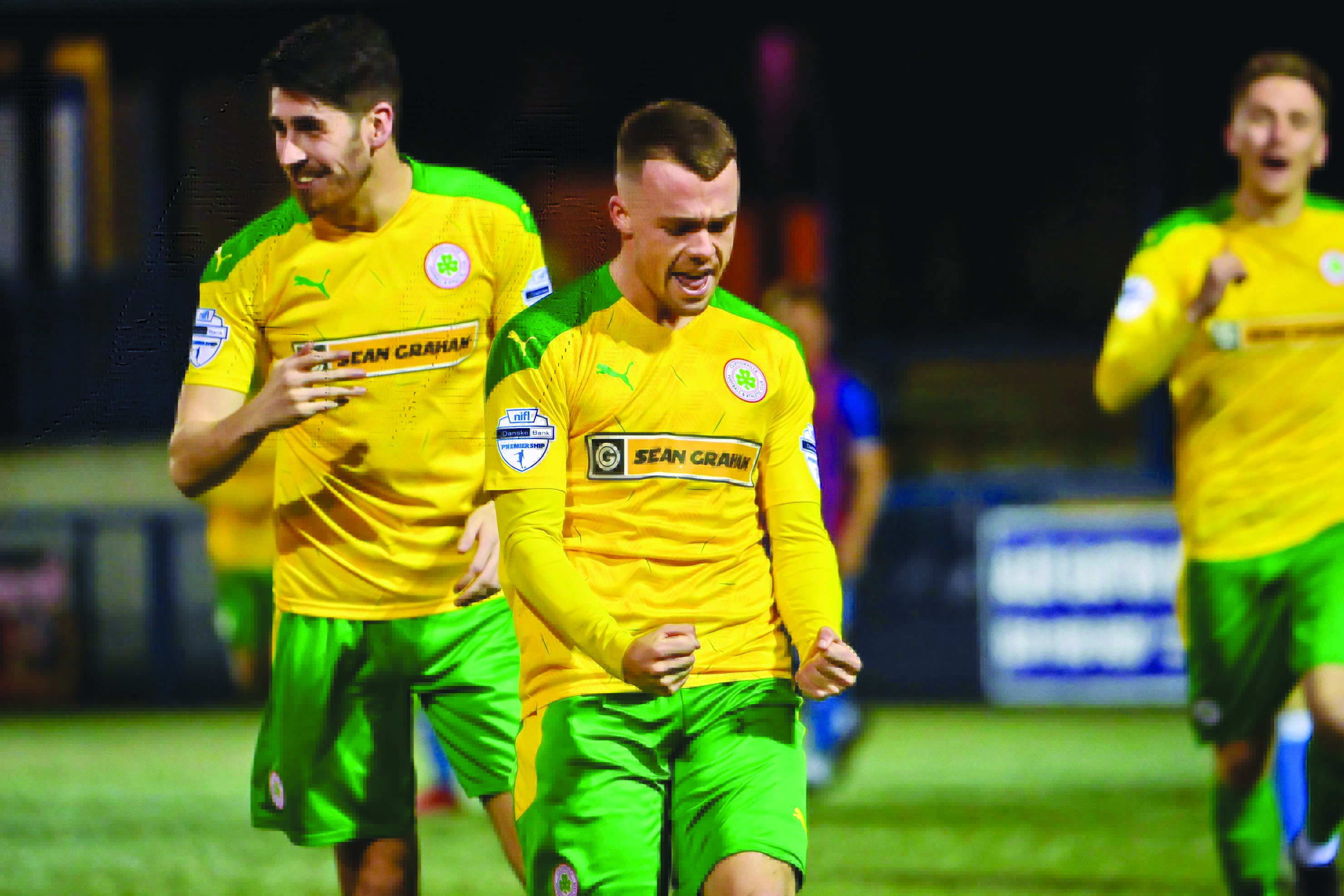 Cliftonville’s Chirs Gallagher celebrates after restoring his side’s lead in Tuesday night’s League Cup third round clash with Ards. The Reds would go on to win the game 4-1 to set up a quarter-final meeting with Portdown next month 