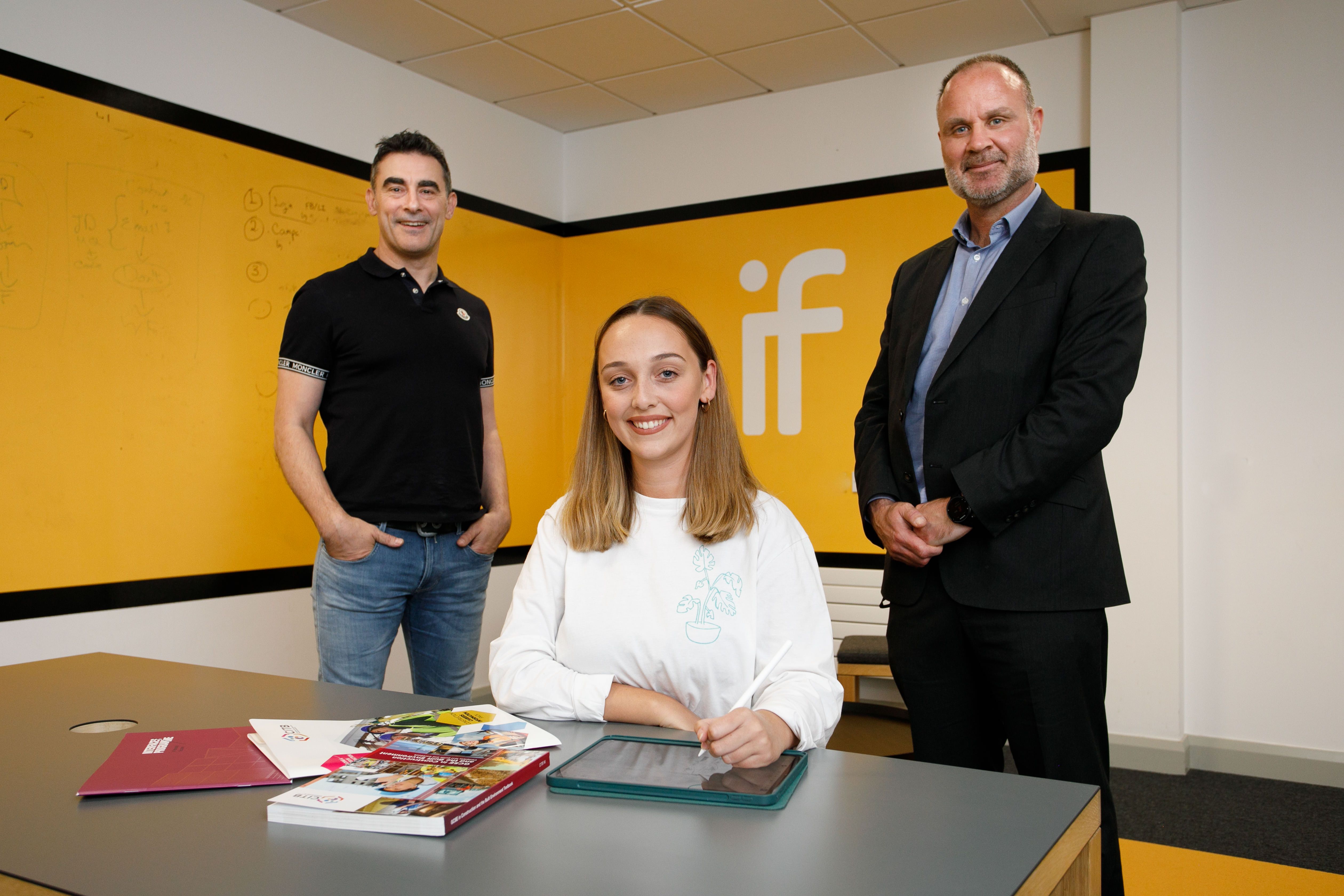 BRIGHT FUTURE: Talented young designer Rebecca Hughes with Page Setup Design Creative Director, Alan McNally and Innovation Factory Community Engagement Manager, Shane Smith