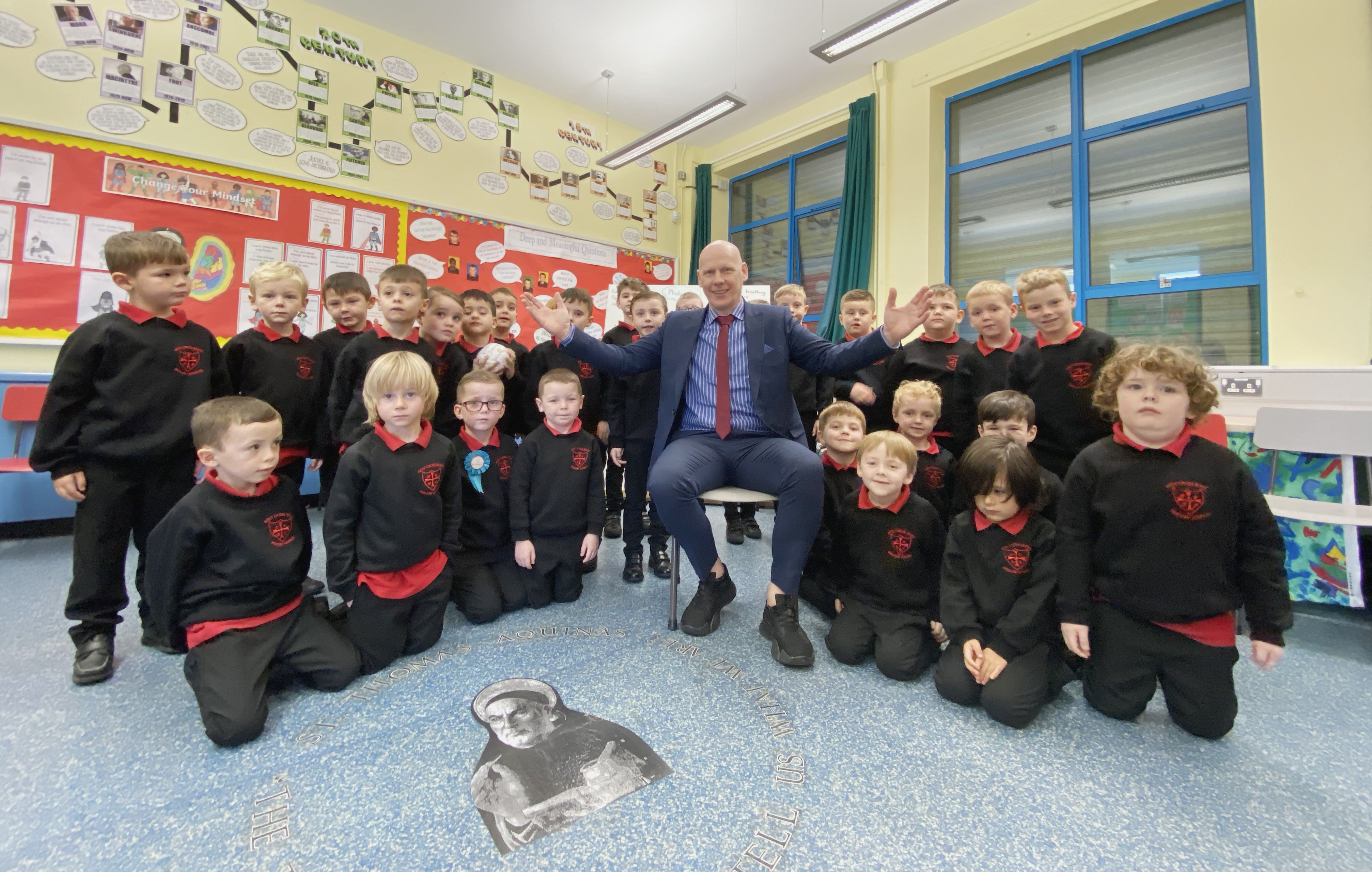 FILM STARS: Holy Cross Boys Primary School Principal Kevin McArevey and pupils