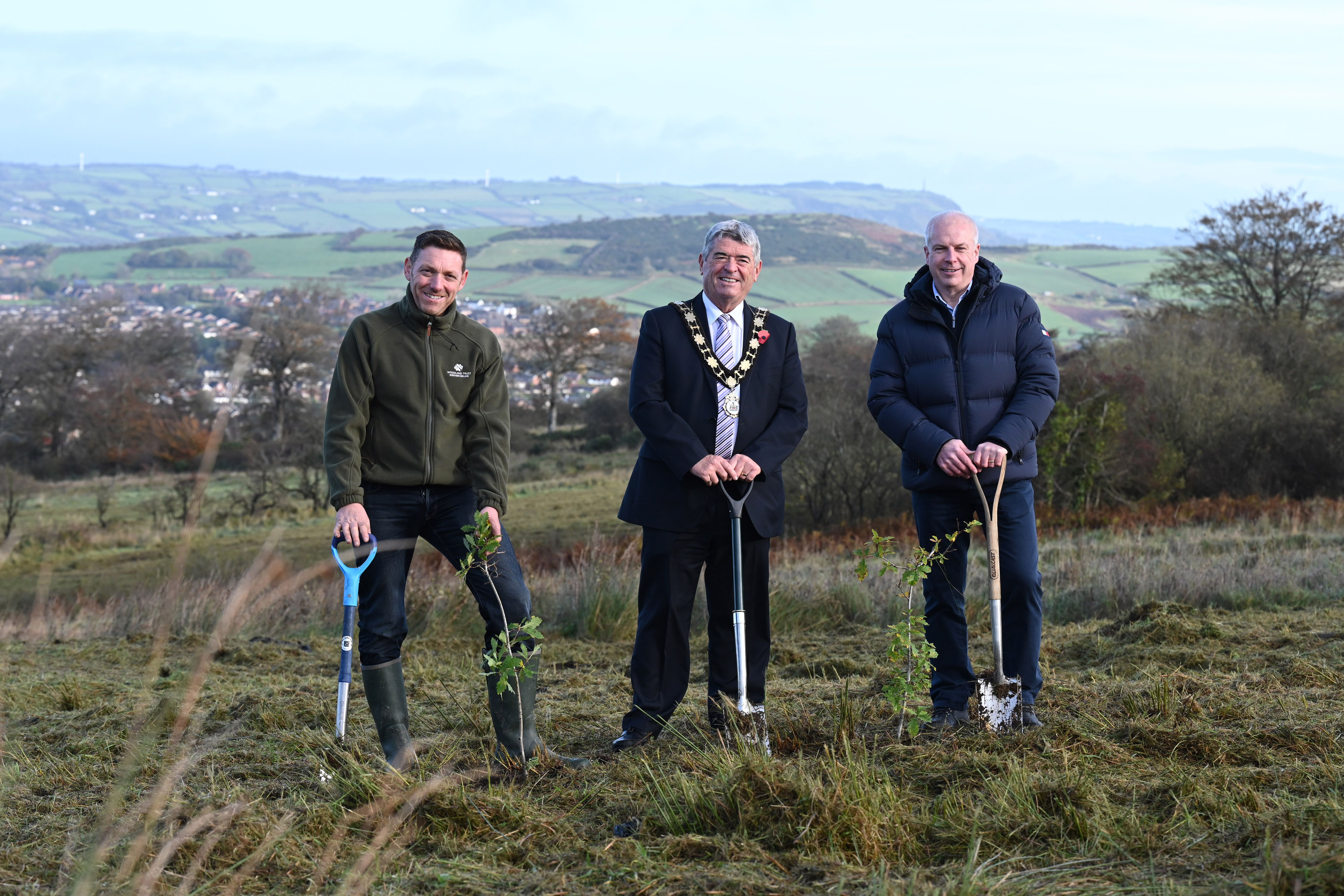 INAUGURAL TREES: Ian McCurley (Woodland Trust Northern Ireland), Cllr Billy Webb (Mayor of Antrim & Newtownabbey) and Jim McCooe (Lloyds Banking Group Ambassador in Northern Ireland)