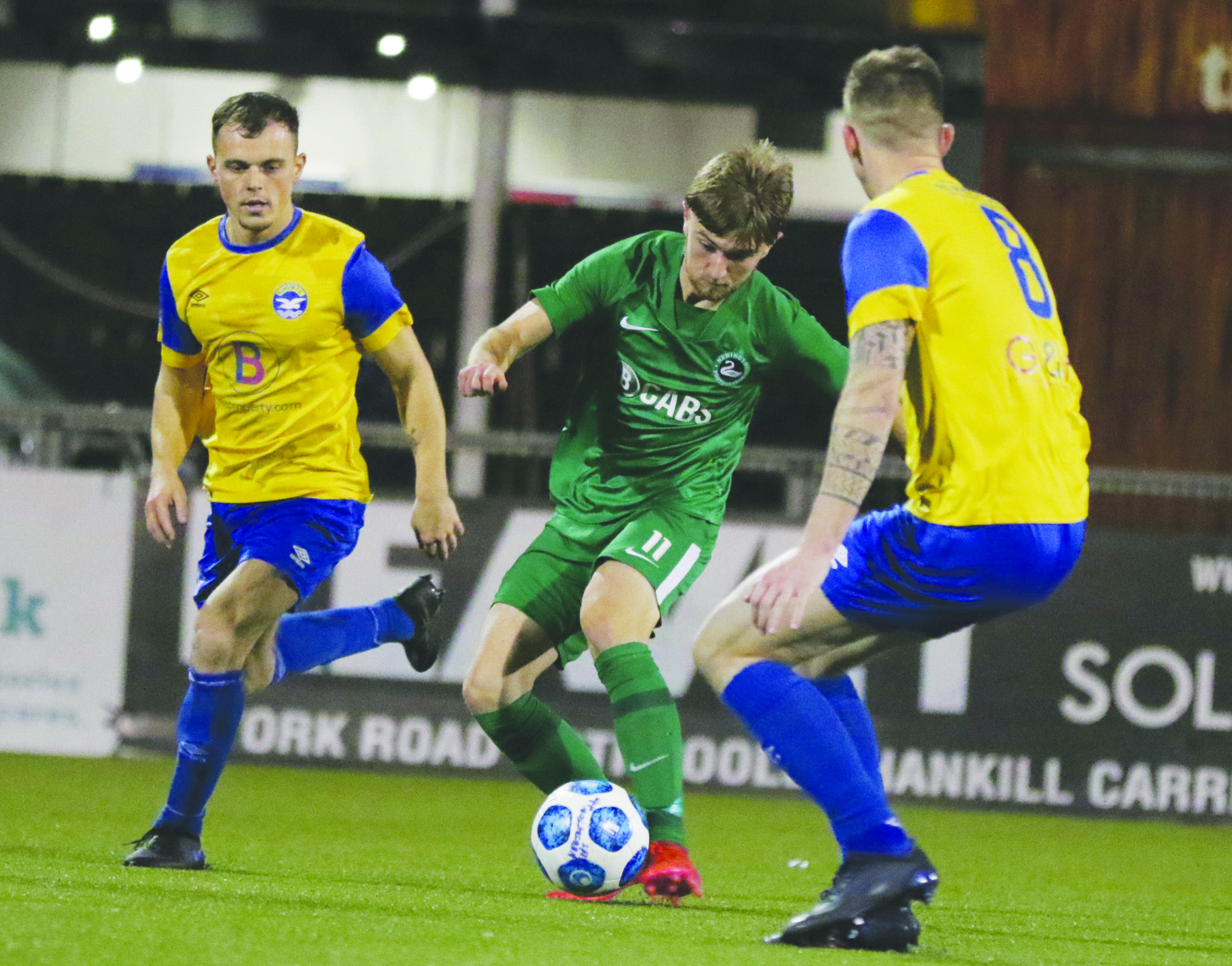 Newington\'s Aodhán Gillen, pictured in action against Bangor on Tuesday night, bagged a late brace in the 2-0 win over Richhill in Saturday\'s Intermediate Cup second round tie at the Richhill Recreational Centre 
