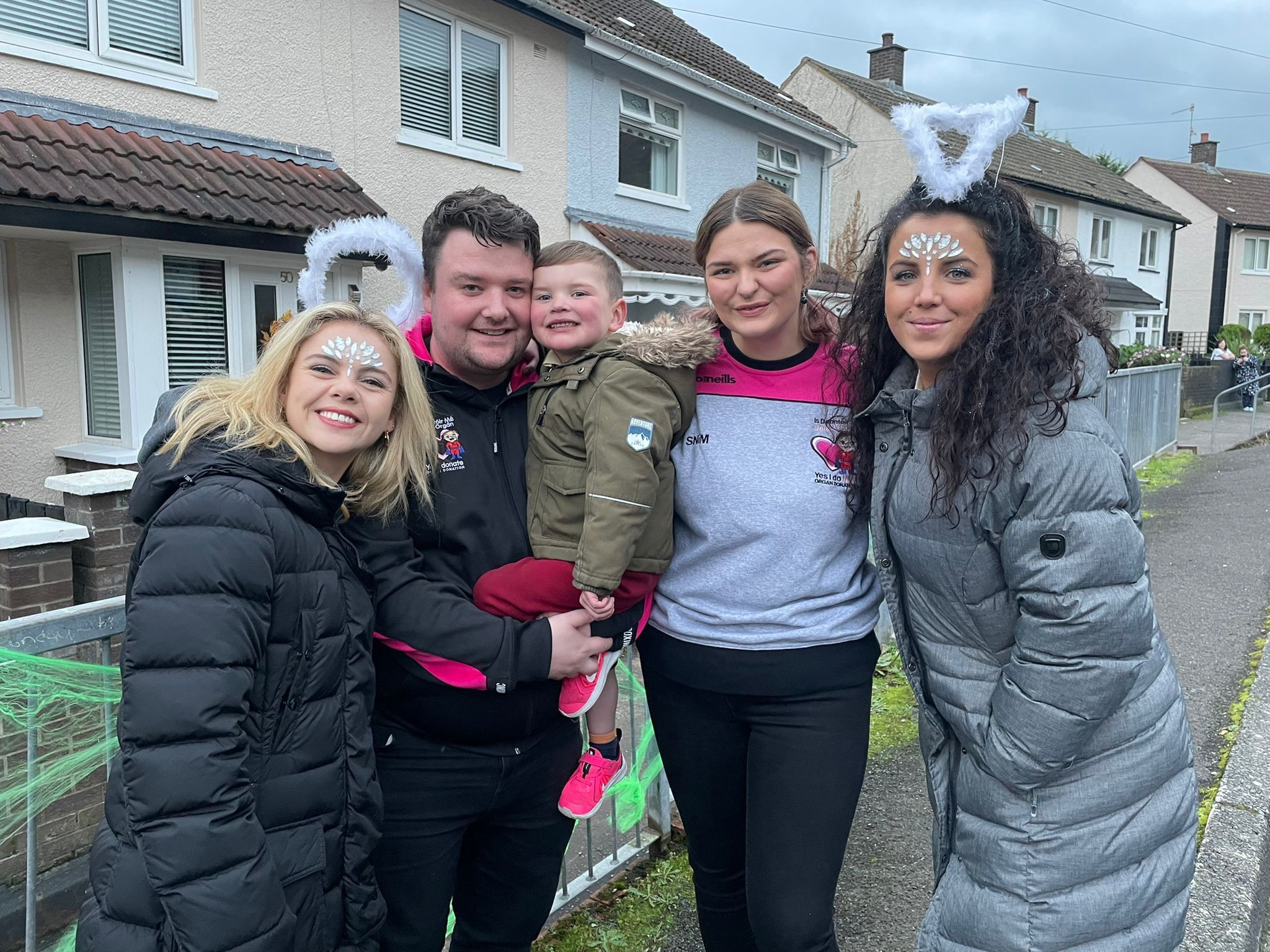 HOME FROM HOME: Derry Girls stars Saoirse-Monica Jackson (left) and Jamie-Lee O\'Donnell with Máirtín MacGabhann, Dáithí MacGabhann and Seph Ní Mhealláin of the Donate4Dáithí campaign