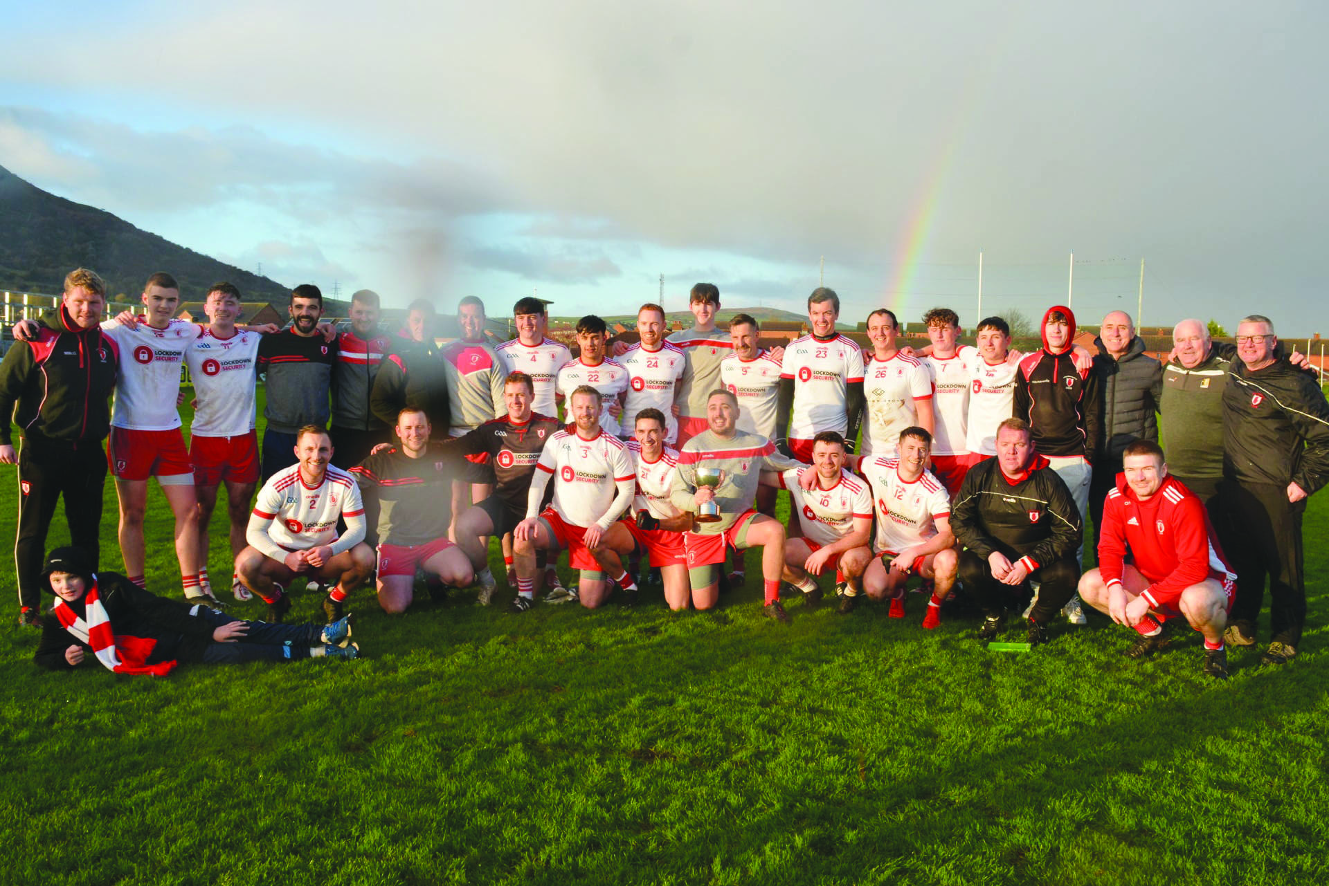 The Lámh Dhearg South Antrim footballers after their win at Corrigan Park