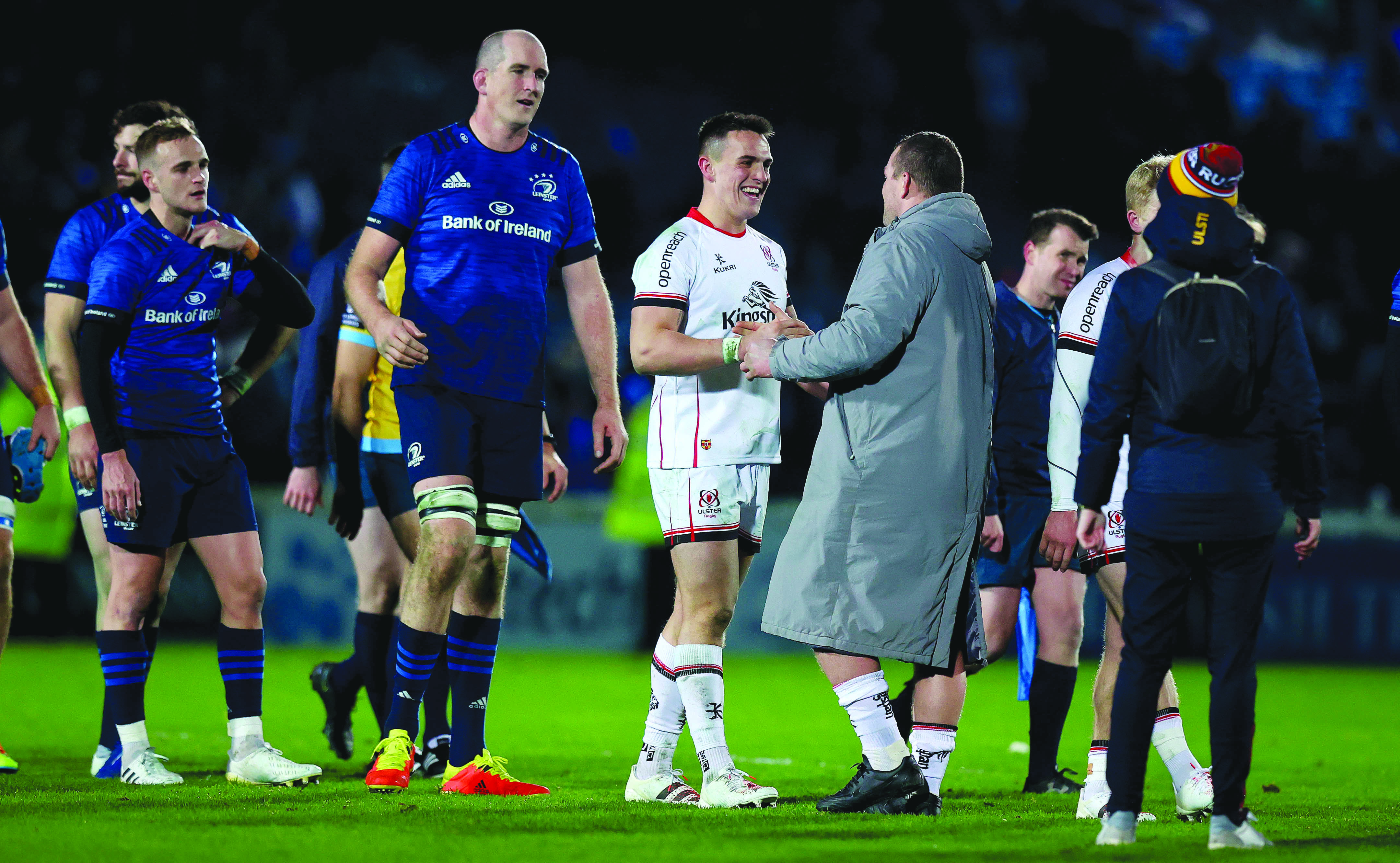James Hume takes the congratulations as Devin Toner looks on after Ulster’s 20-10 win over Leinster at the RDS last week
