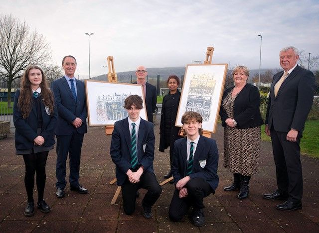 EXHIBITION: Mark Browne (Permanent Secretary at Department of Education), artist Anushiya Sundaralingham, Principal Katrina Moore, teacher Brian Pendleton and Barry Mullholland (Chairman, Education Authority) with the students