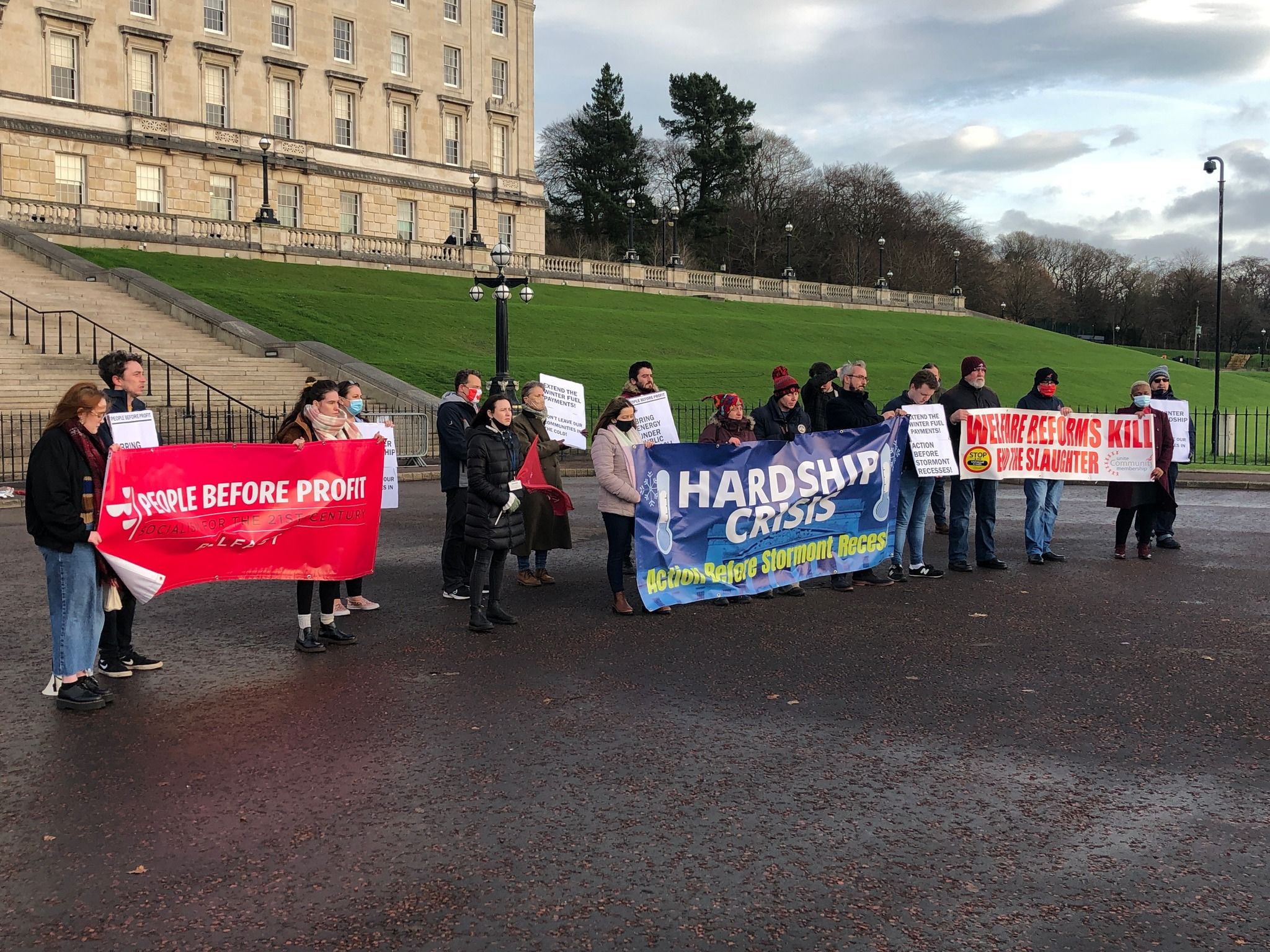 Protesters at Stormont on Tuesday when they called on the Executive to declare a \'hardship emergency\'