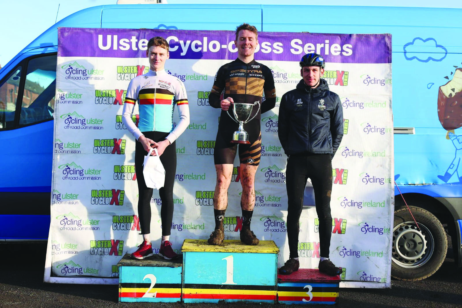 A Race podium: Dean Harvey, Chris McGlinchey and Darren Rafferty