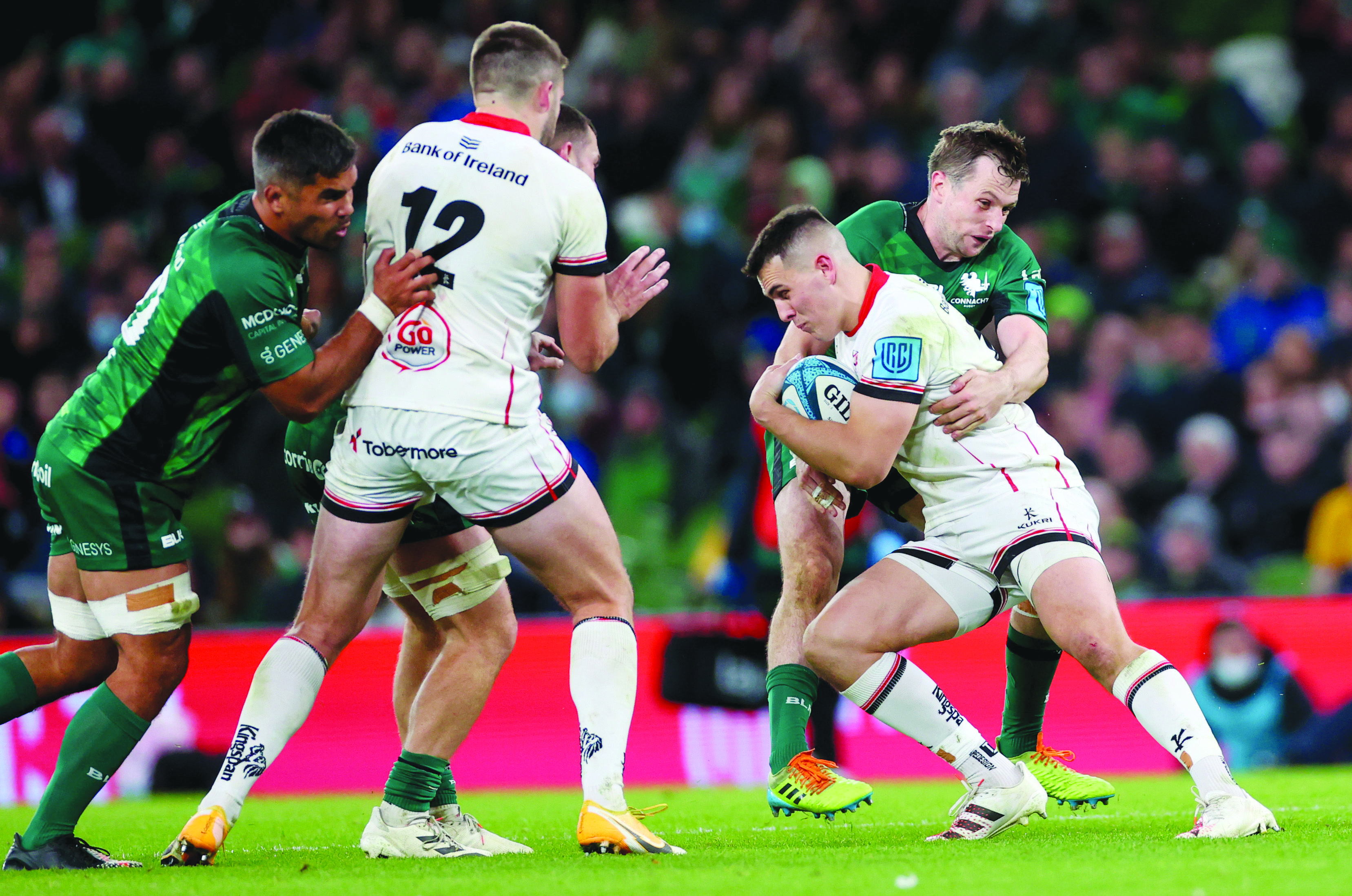 James Hume is challenged by Jack Carty during Connacht’s victory over Ulster in Dublin back in October