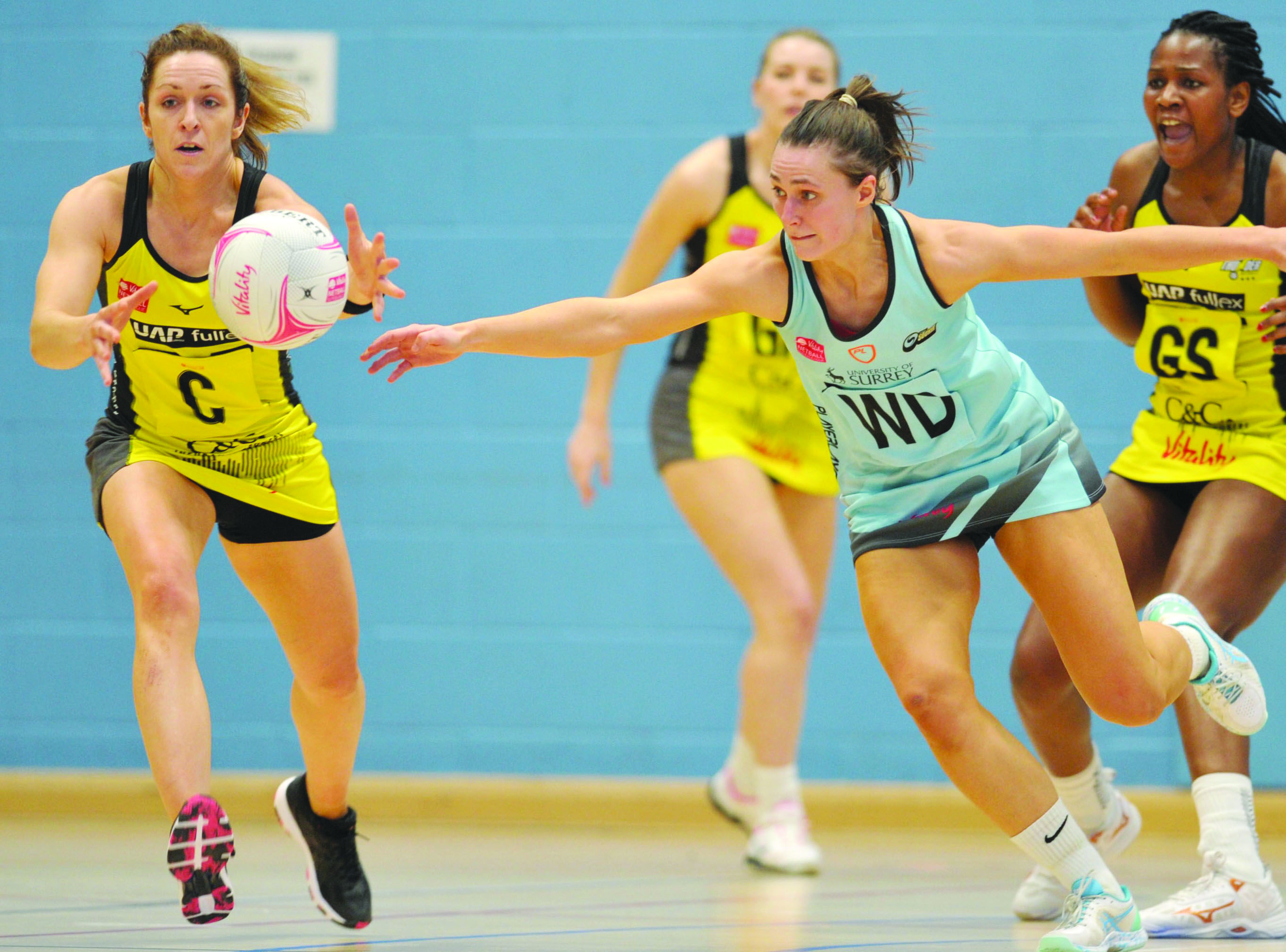 Niamh Cooper in action against her NI captain, fellow doctor (and Armagh Gaelic football star) Caroline O\'Hanlon of champions Manchester Thunder last March in the last game before the 2020 SuperLeague was suspended and subsequently abandoned