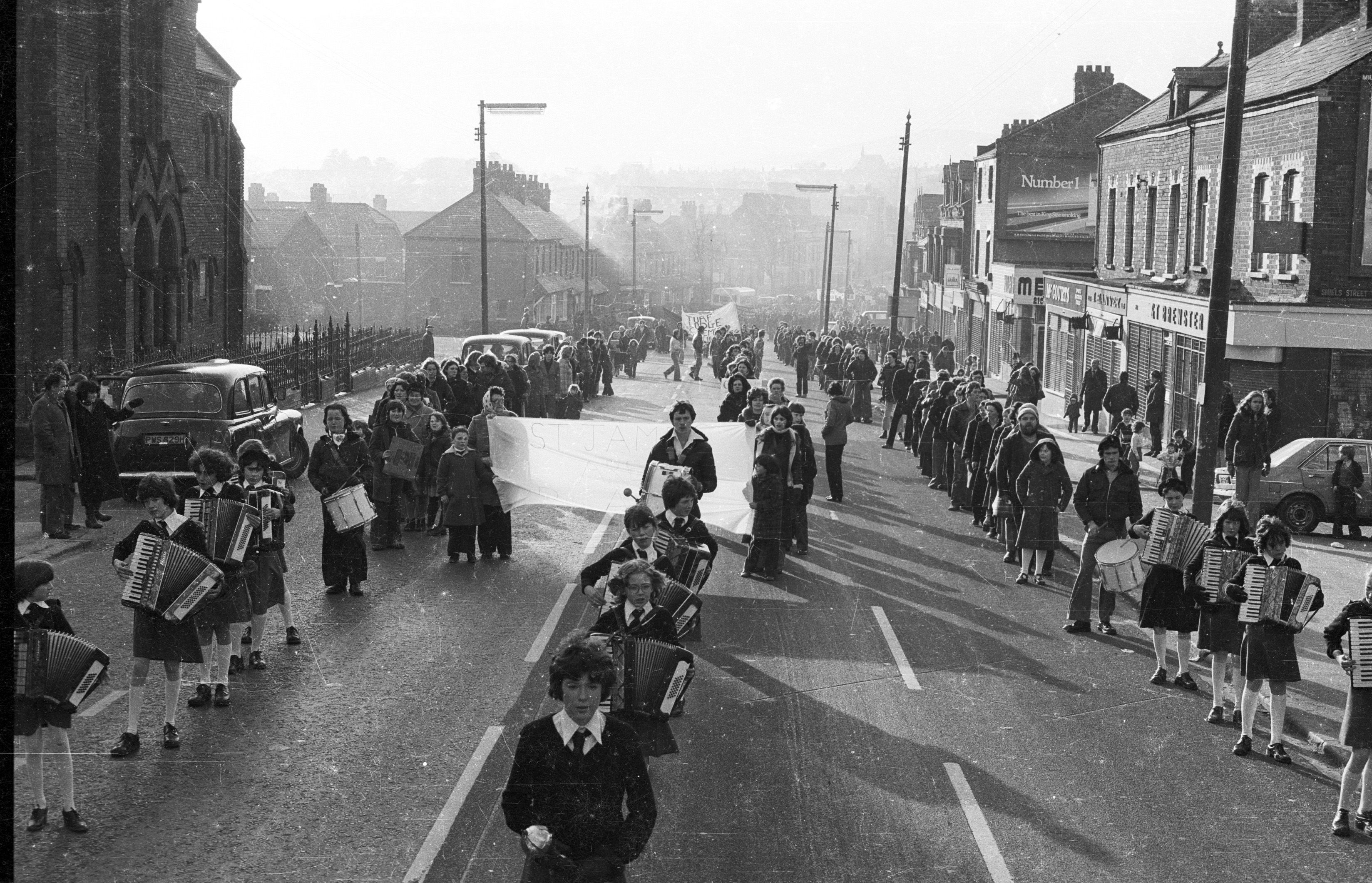 PRISONERS\' SUPPORT:  An anti-H-Block march and rally on the Falls Road in February 1979