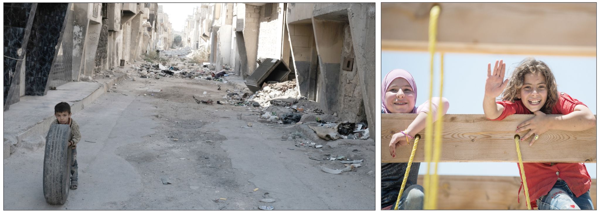 (Far Left) A child rolls a tyre amid the rubble in the Syrian city of Aleppo.  Photo by Patrick Nicholson/Caritas (Left) In SAWA’s (one of Trócaire\'s partners) Safe Haven Centre, the refugee children enjoy playing on the swings, clambering up the climbing