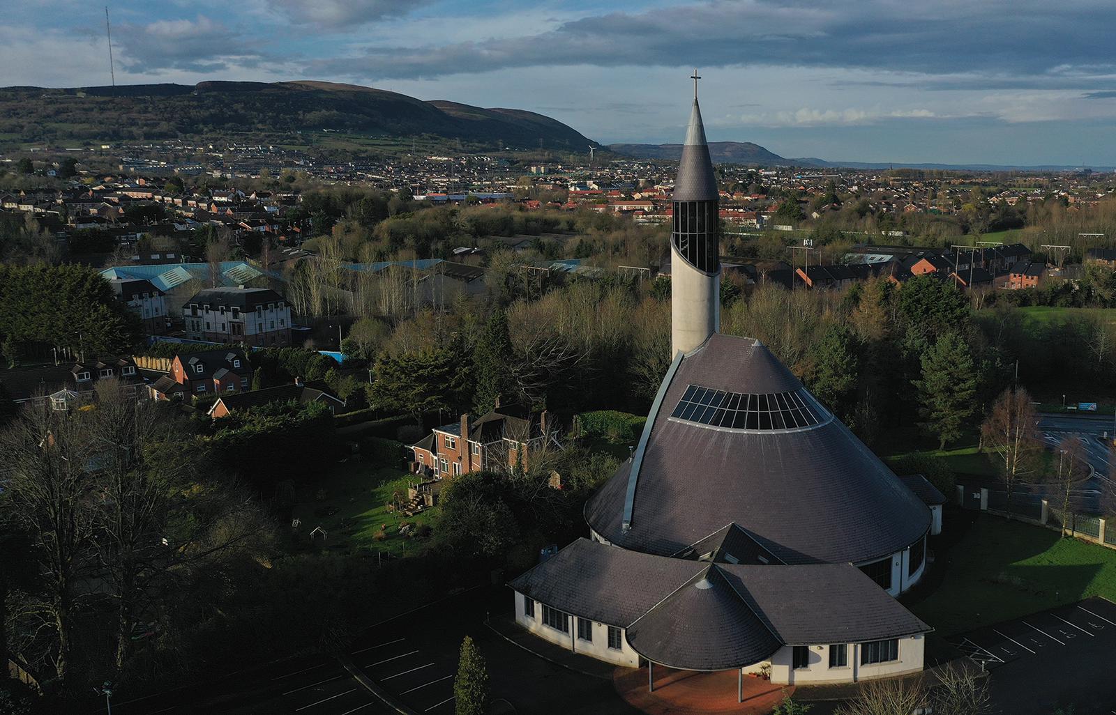 HIGHER GROUND: Our Lady Queen of Peace steeple from the air. 