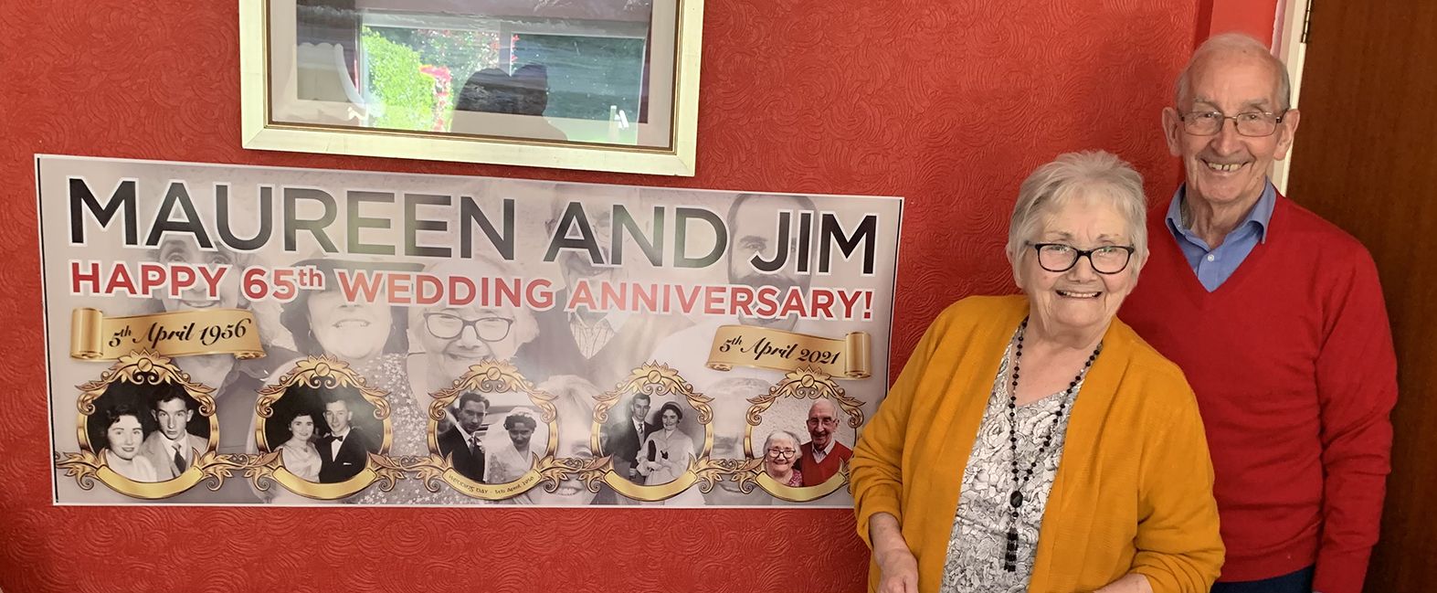 MANY HAPPY RETURNS: Maureen and Jim beside the banner in their home on Easter Monday and (below) HOW IT ALL BEGAN: Maureen and Jim at St Paul\'s Church in Cavendish Street on their wedding day
