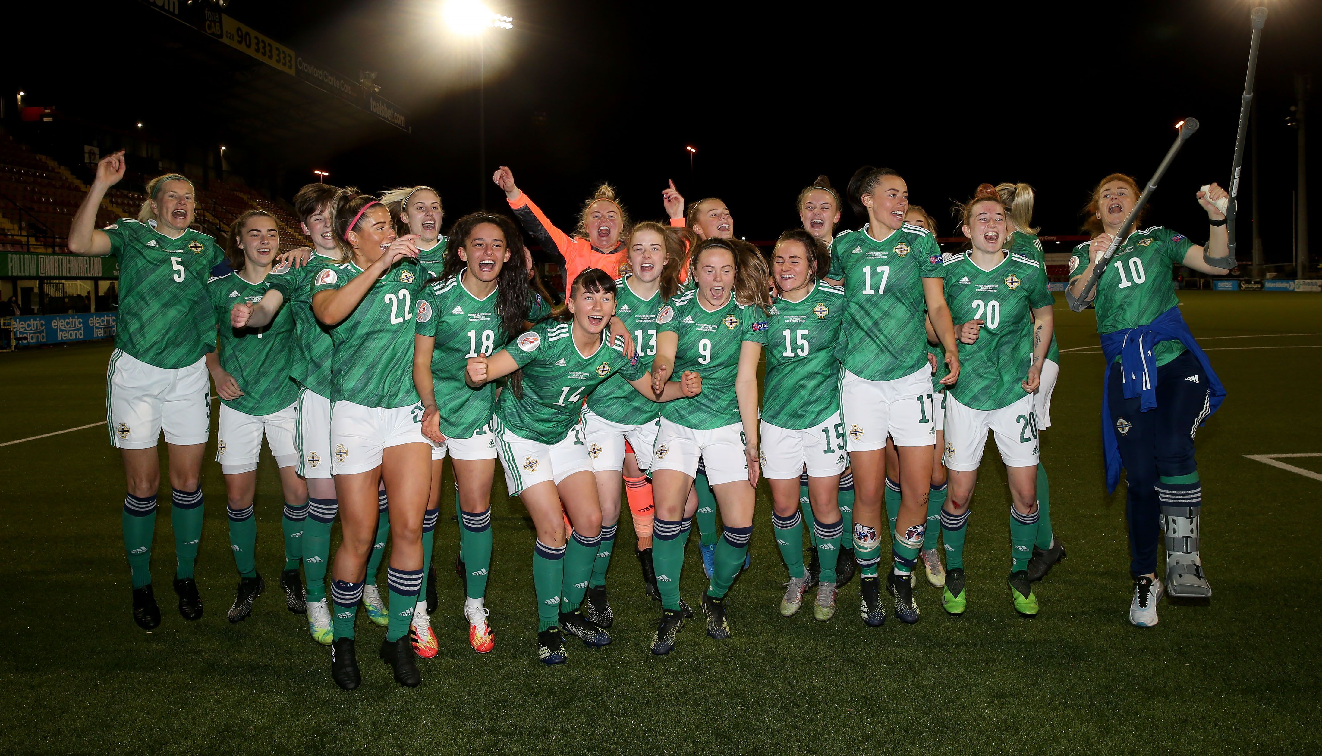 HISTORY MADE: Northern Ireland players celebrates at the final whistle after defeating Ukraine 2-0 and qualifying for the the UEFA Womens Euro 2022 (Credit: PressEye)