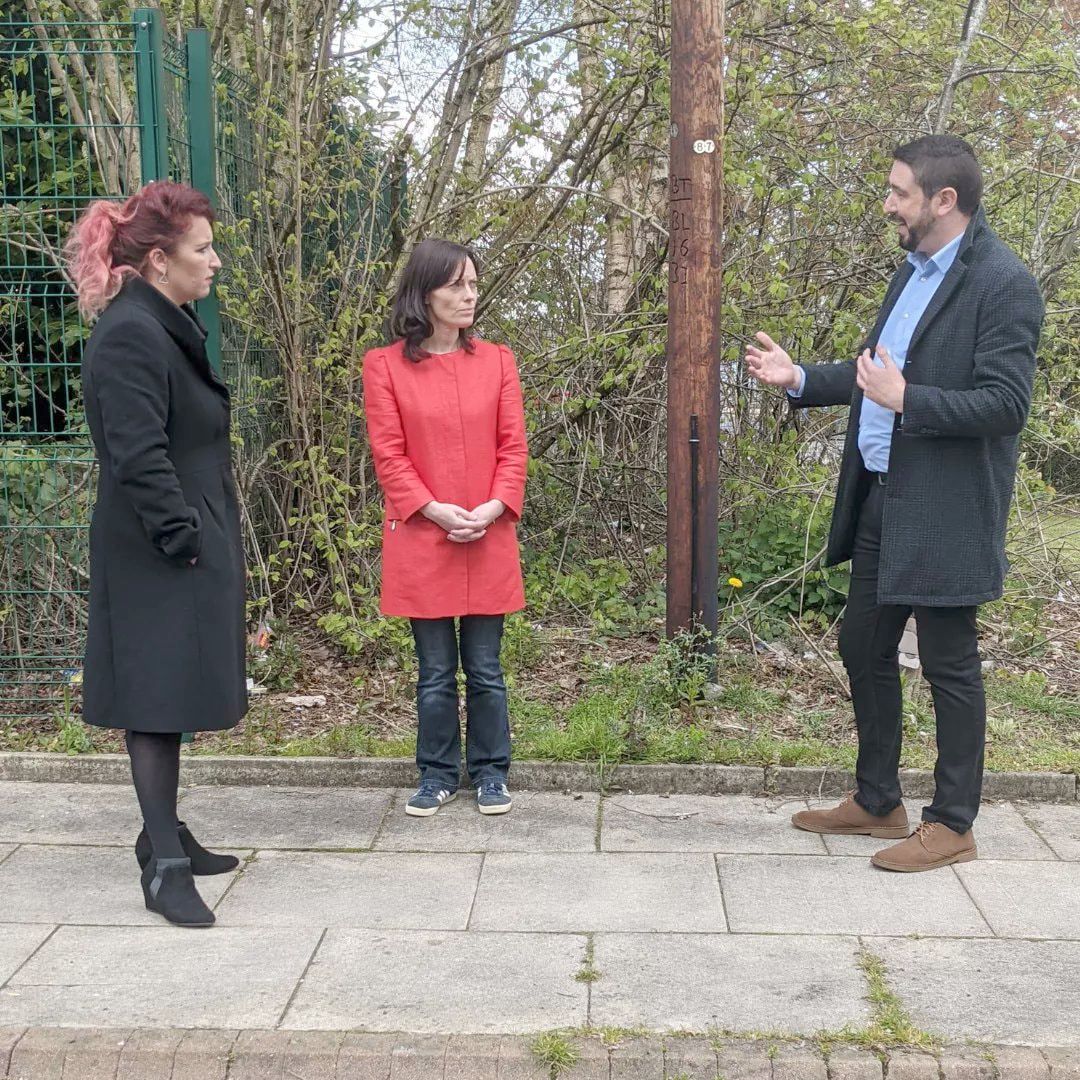 ON THE GROUND: Labour MP Louise Haigh was accompanied by West Belfast SDLP rep Paul Doherty and North Belfast MLA Nichola Mallon