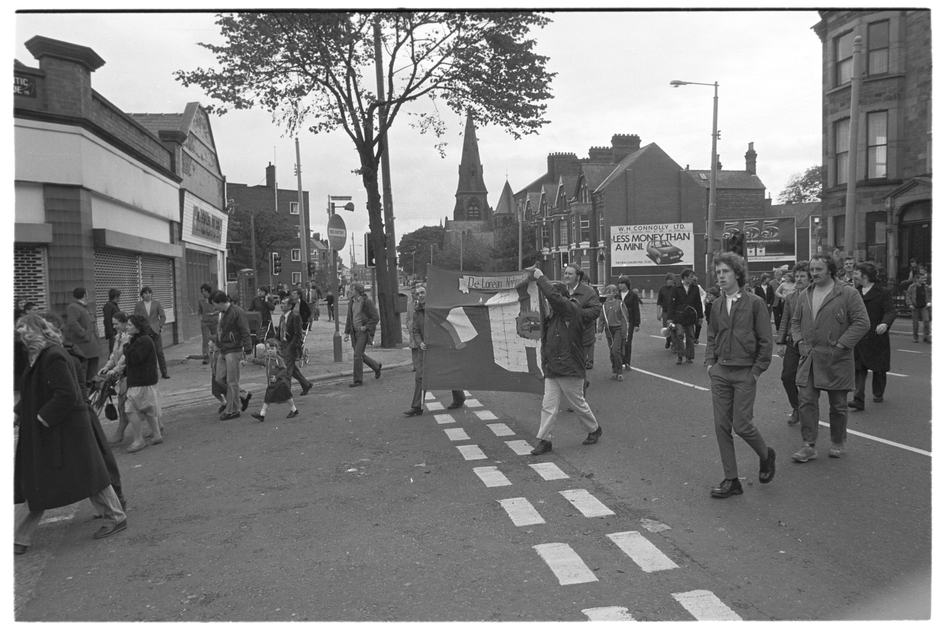 ON THE MARCH: De Lorean workers formed their own H-Block/Armagh Committee to support protesting republican prisoners. Workers joined a march from North Belfast in October 1981 to mark close of the hunger strike.