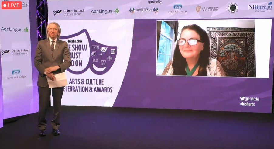 AITHEANTAS: American Irish language activist Caitríona Weafer picked up the Croí an Chultúir Ghael-Mheiriceánaigh/Heart of Irish American Culture accolade from compere Máirtín Ó Muilleoir at the Irish Echo awards.