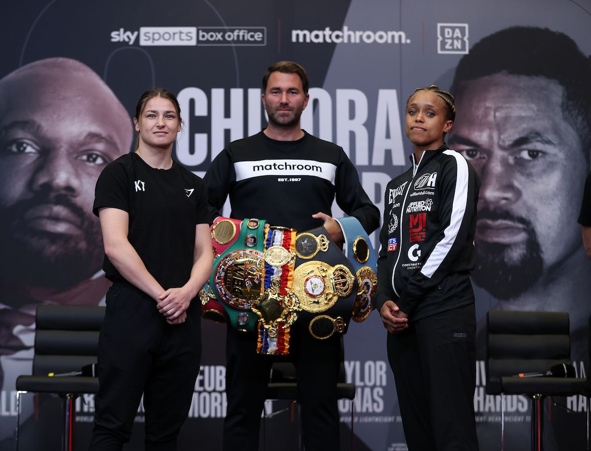 Katie Taylor and Natasha Jonas with promoter Eddie Hearn on Thursday 