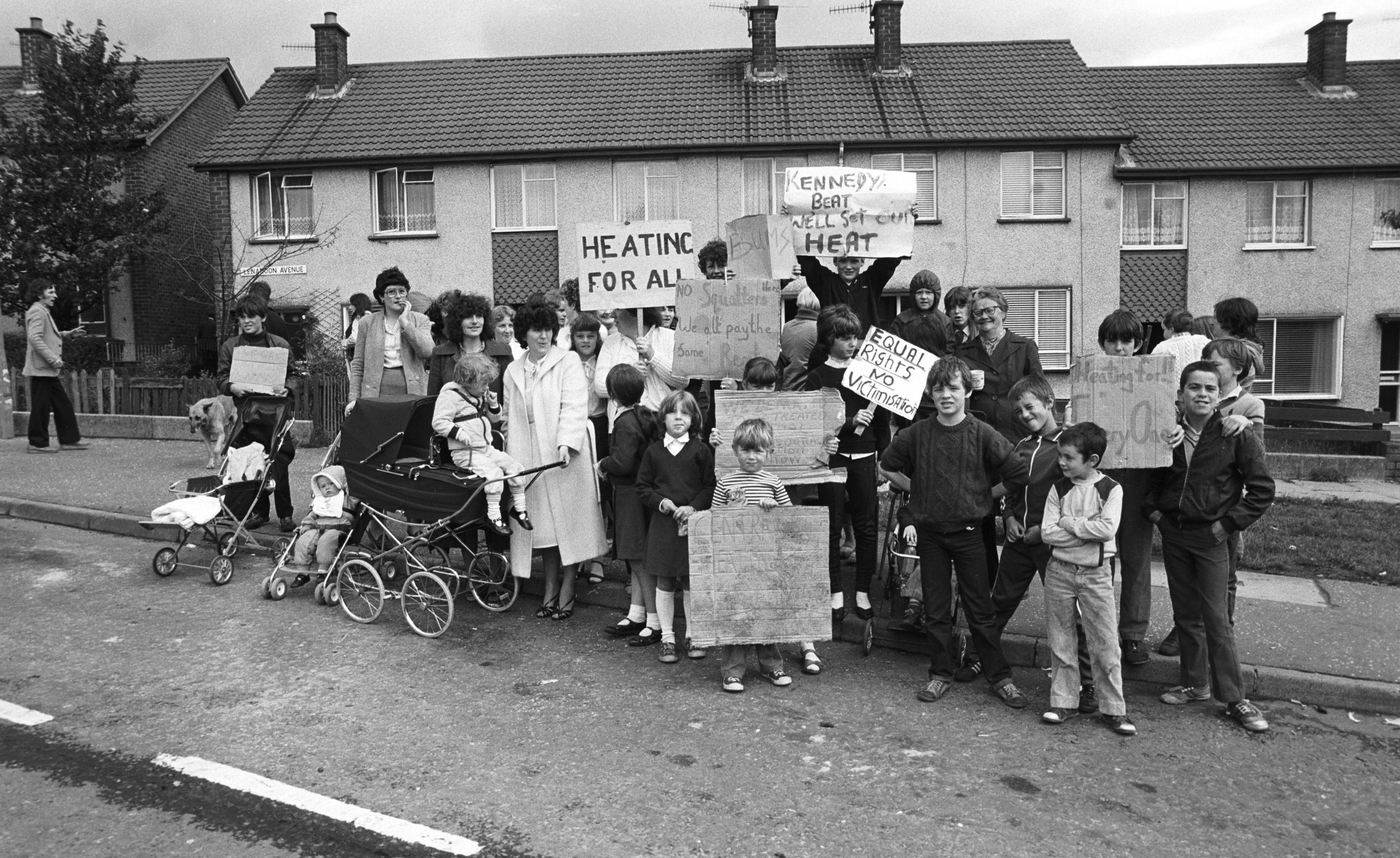 HISTORIC: Lenadoon residents protest housing executive decision not to install central heating in houses occupied by squatters in July 1982. 