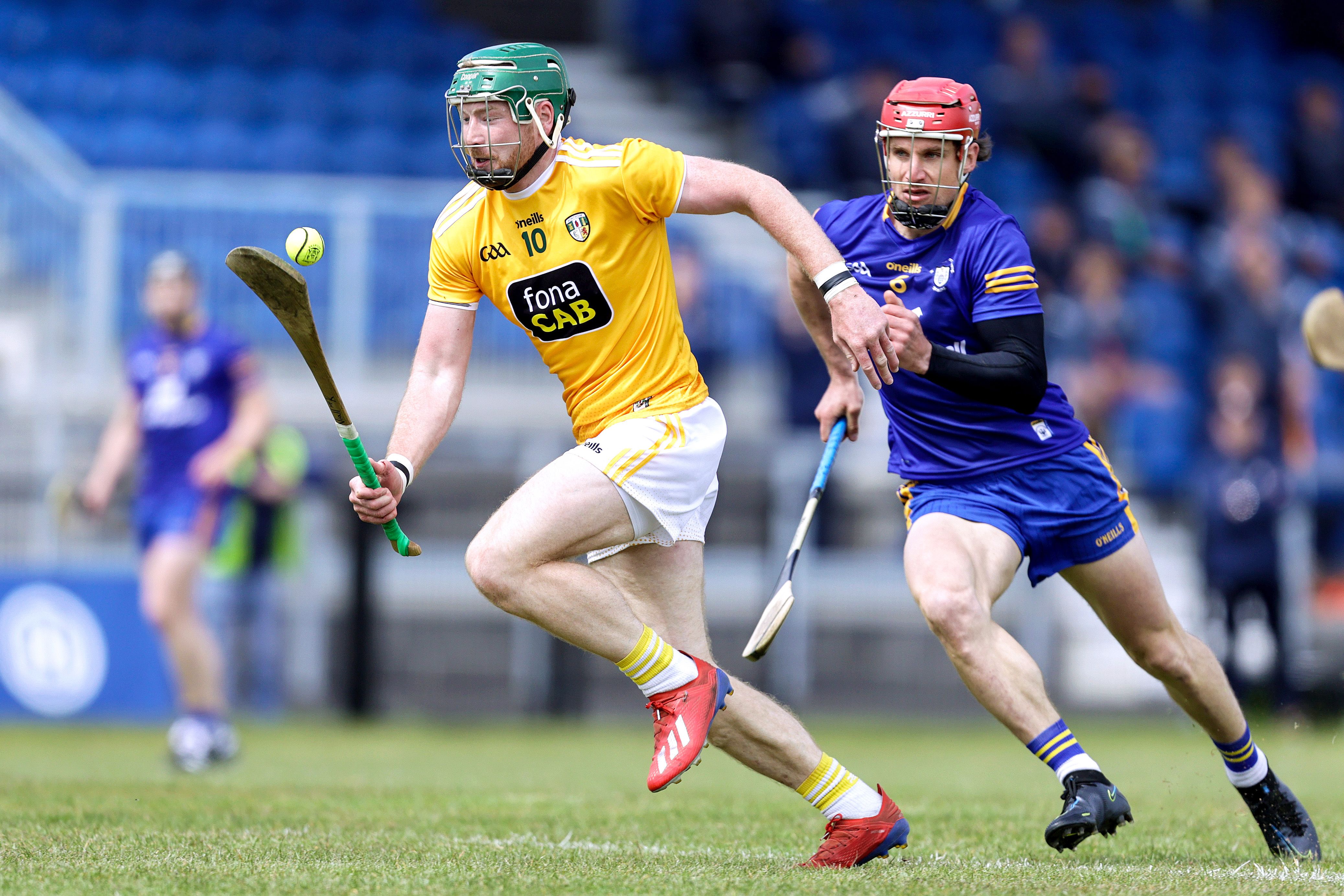 Niall McKenna heads for goal during Antrim\'s victory over Clare