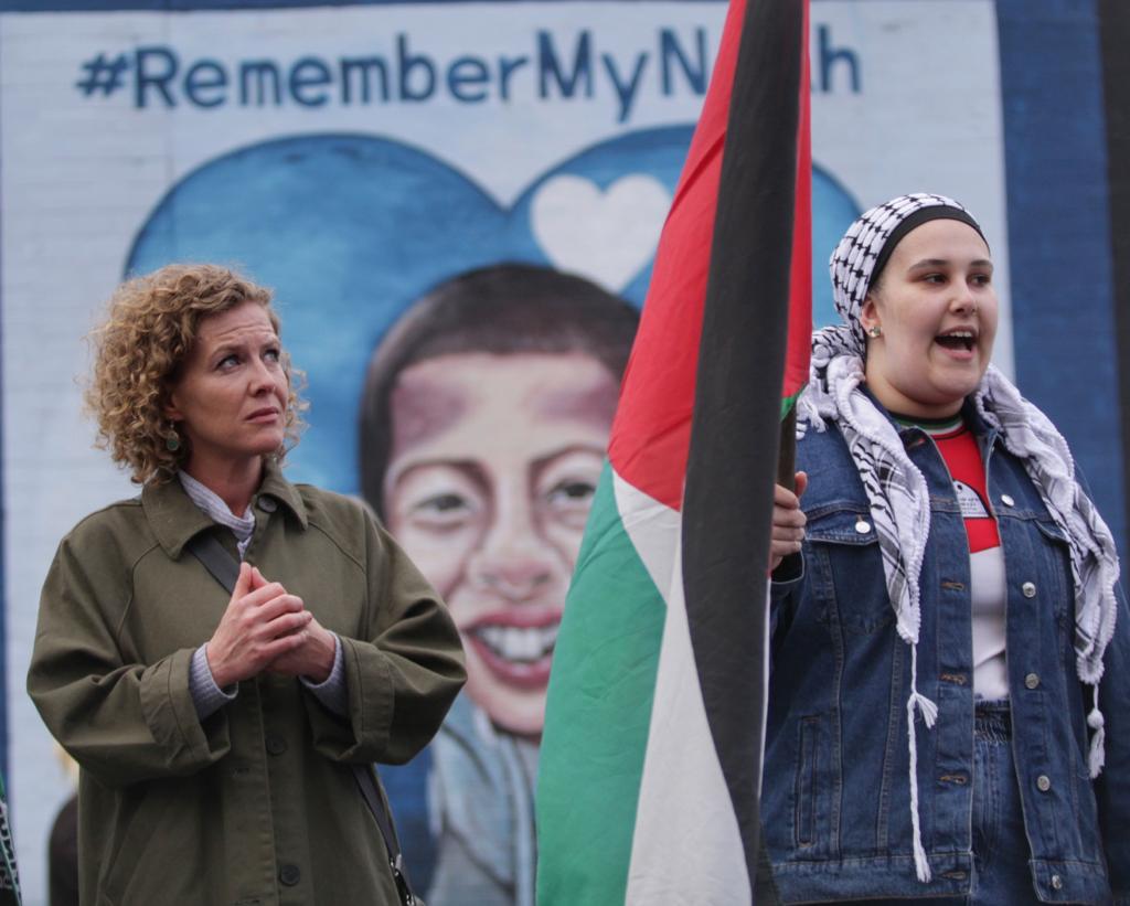 SOLIDARITY: Fiona Donohoe joins a white line picket at the International Wall in support of Palestine last week