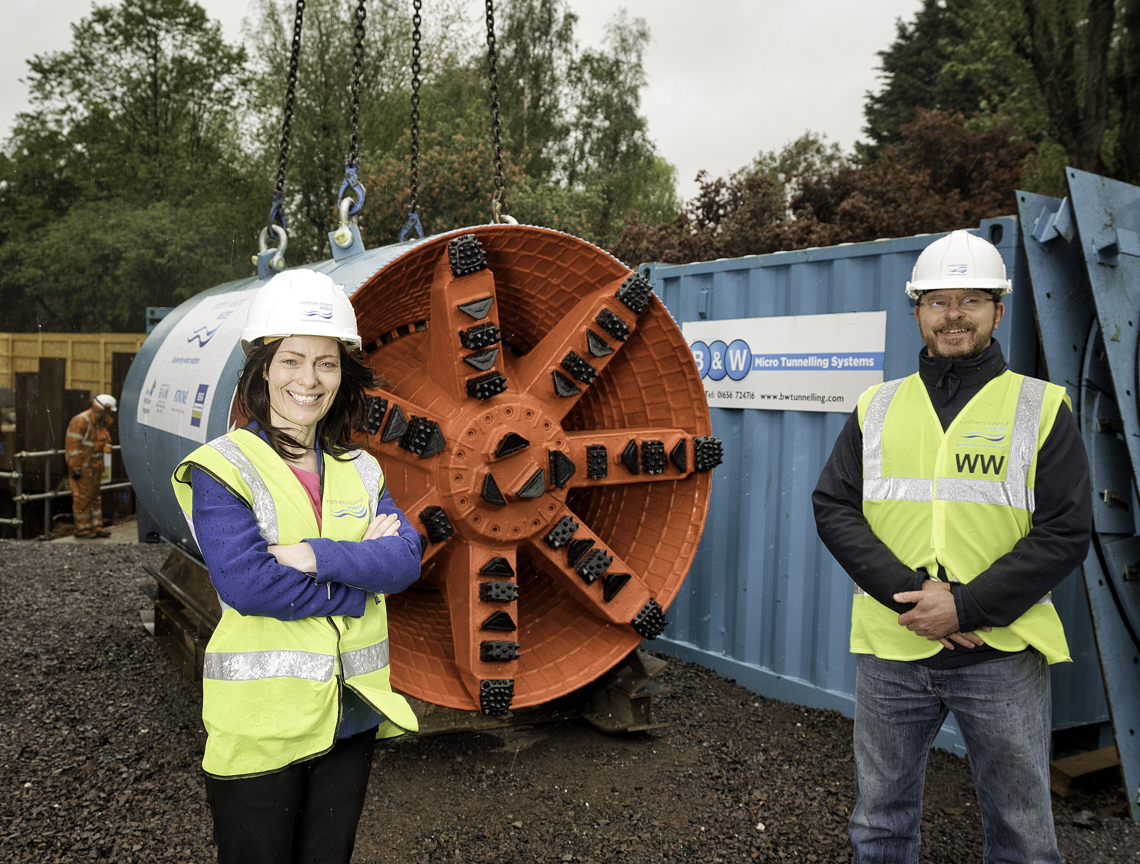 LET\'S GO TO WORK: Infrastructure Minister Nichola Mallon and NI Water’s Mark Sefton mark the arrival of the Tunnel Boring Machine