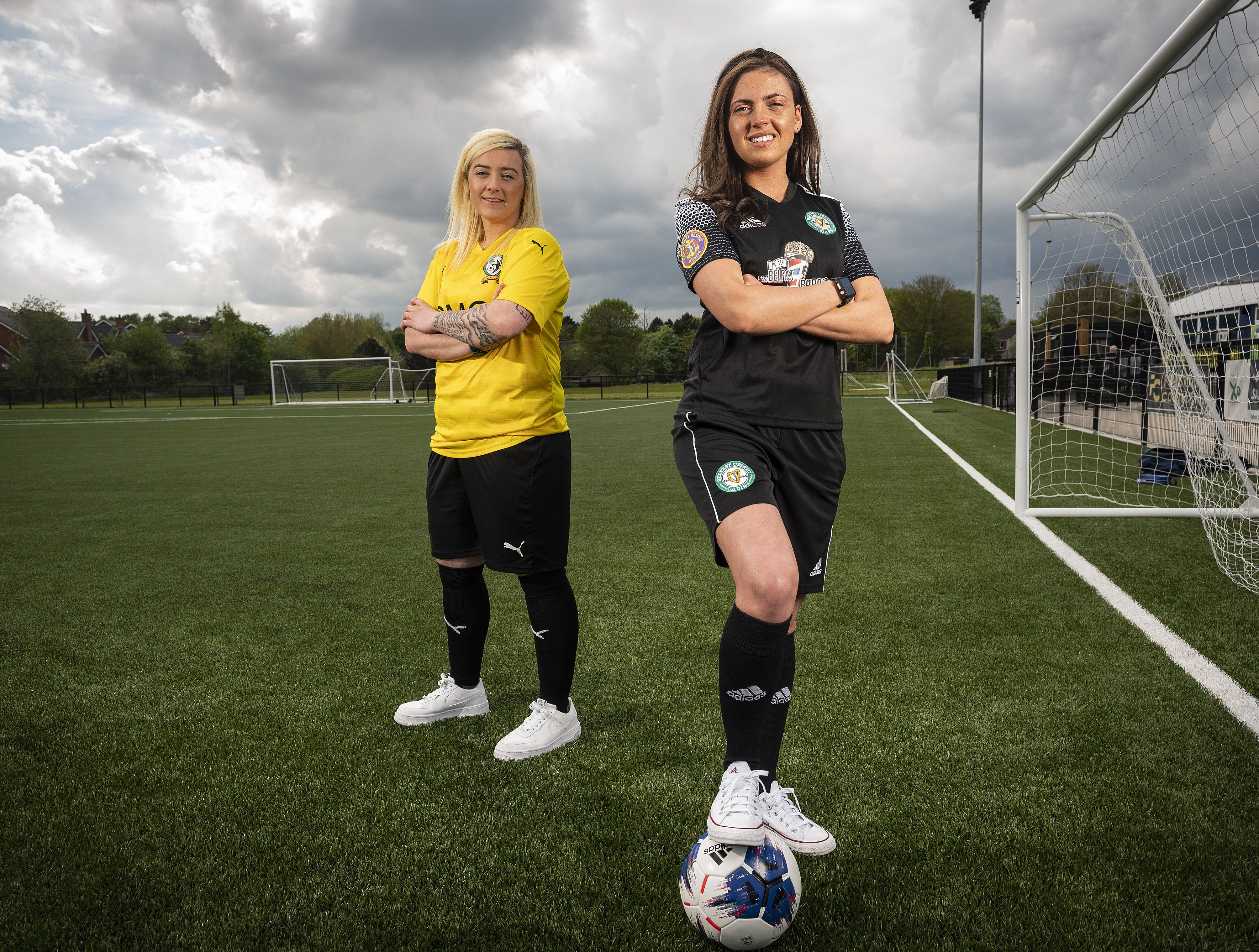 Pictured are players Claire Shaw (St James Swifts Ladies) and Eadaoin Ni Chiarrain (Belfast Celtic Ladies)