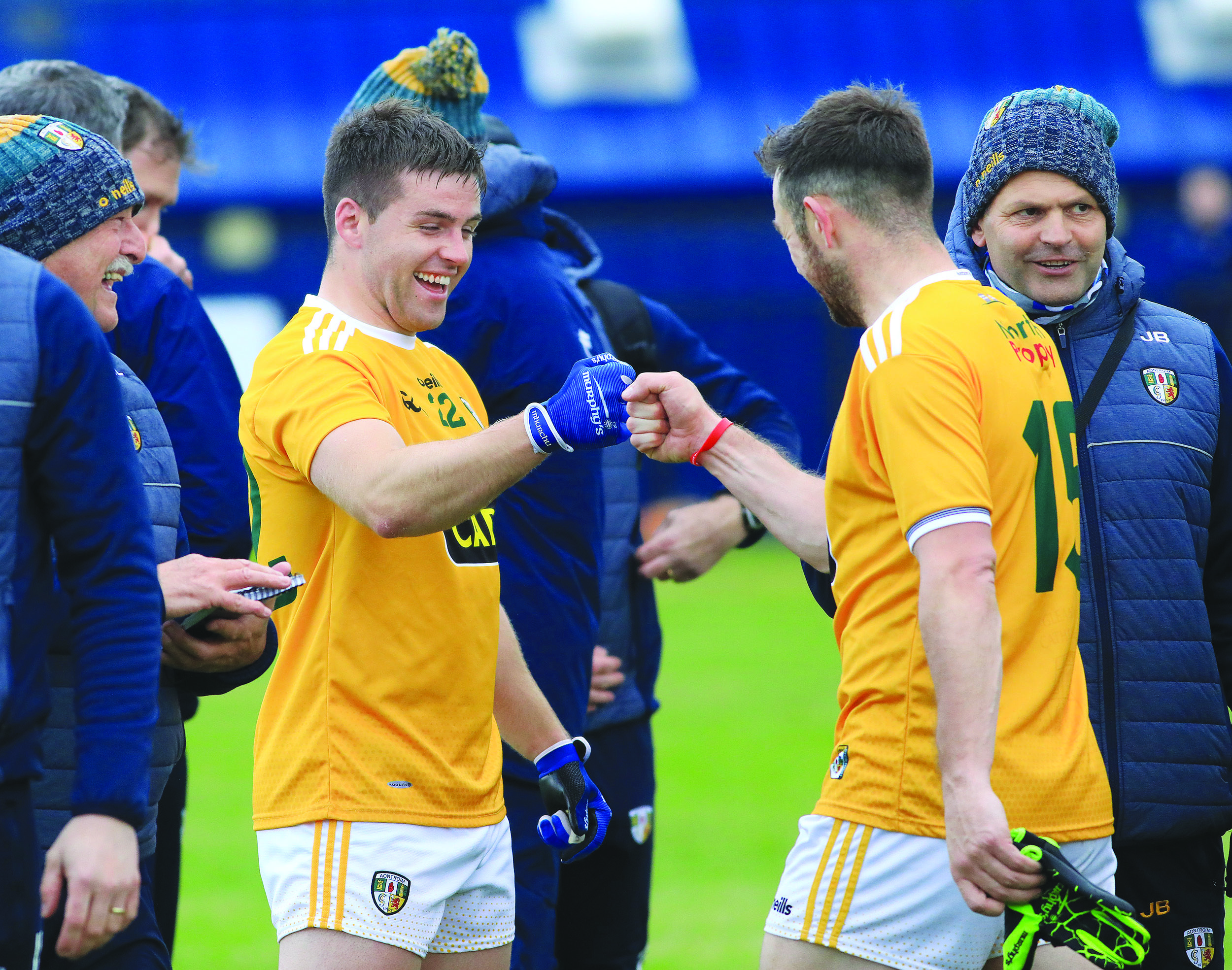 Paddy McBride and Conor Murray bump fists at the end of Antrim’s dramatic win over Sligo last weekend that guarantees them top spot in Division Four North regardless of how this weekend’s game play out